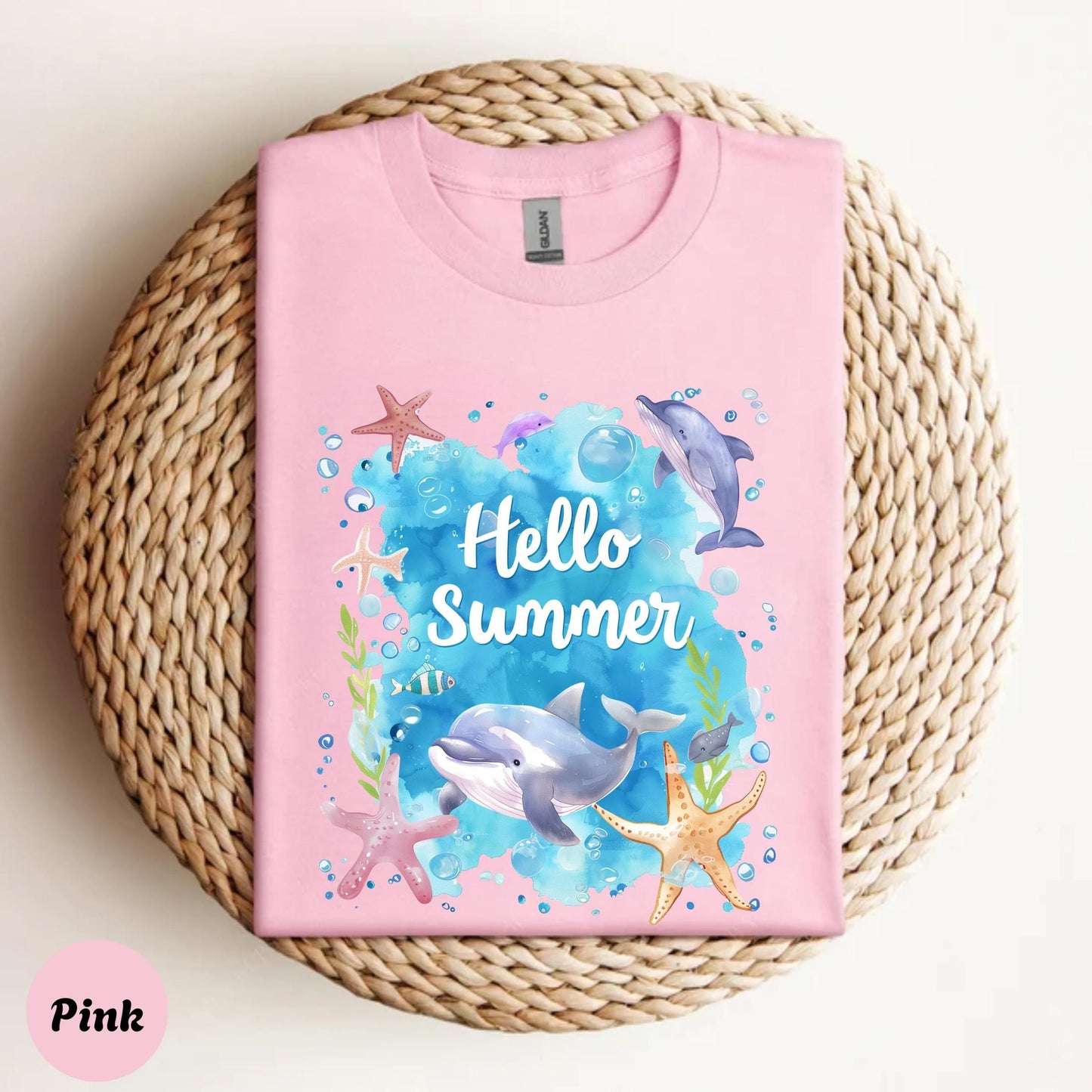 Unisex Summer Dolphin Tee - Hello Summer Ocean Shirt with Starfish and Bubbles, Family Beach Vacation Matching Outfit AA99