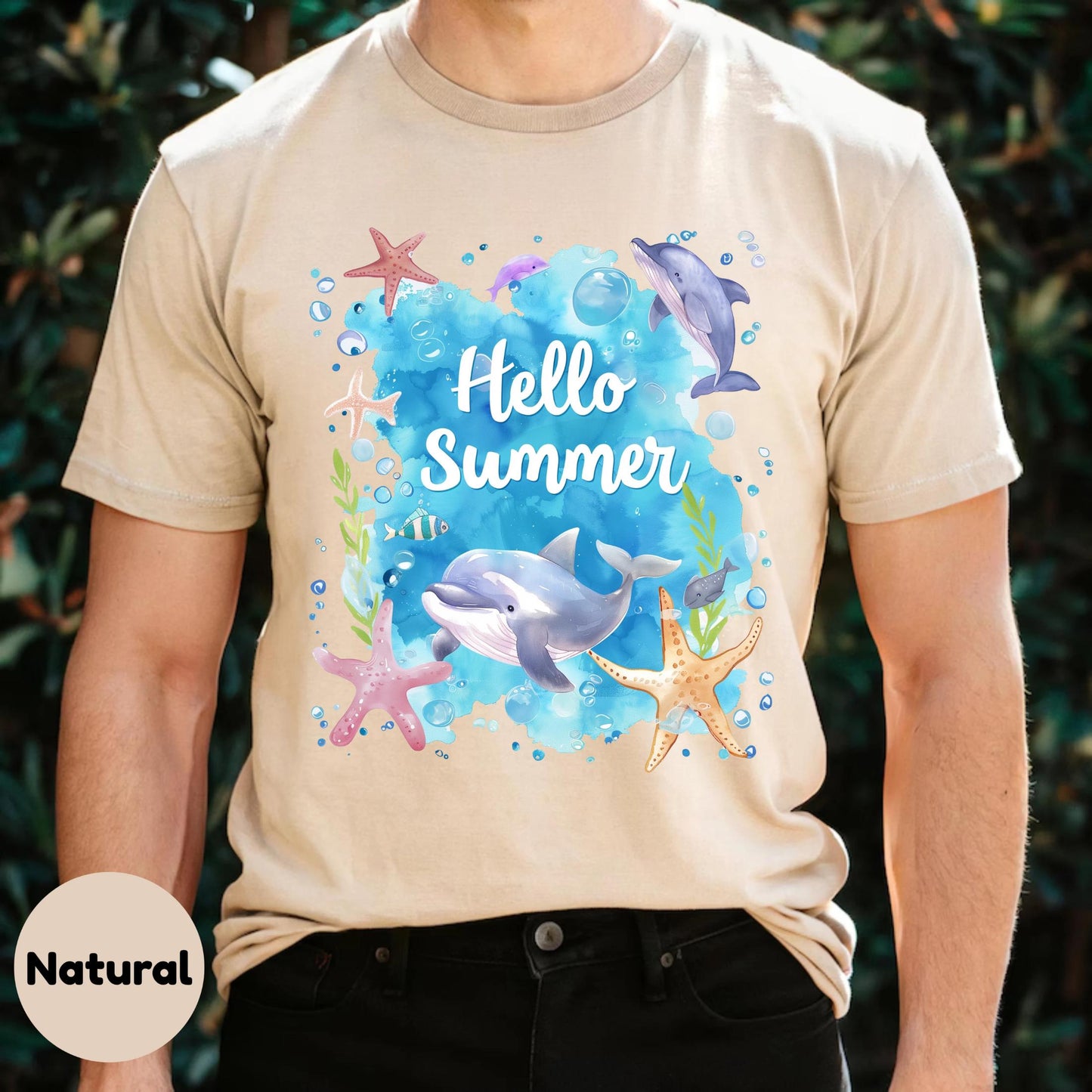Unisex Summer Dolphin Tee - Hello Summer Ocean Shirt with Starfish and Bubbles, Family Beach Vacation Matching Outfit AA99