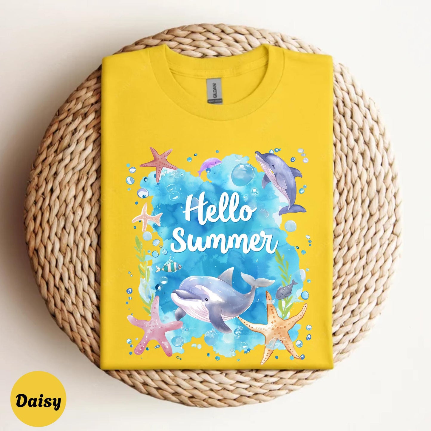 Unisex Summer Dolphin Tee - Hello Summer Ocean Shirt with Starfish and Bubbles, Family Beach Vacation Matching Outfit AA99