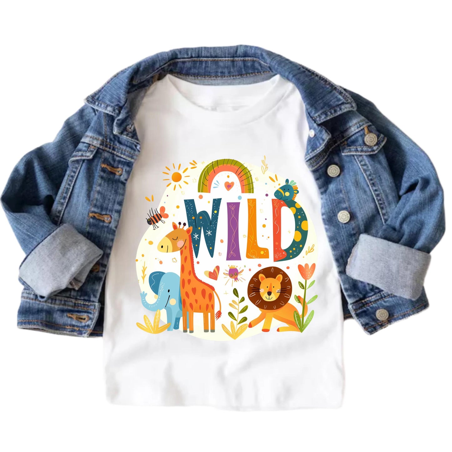 Boho Jungle Wild Animal Shirt for Kids - Giraffe Lion Elephant Safari Toddler Tee for Girls Birthday or Everyday Fun AA100