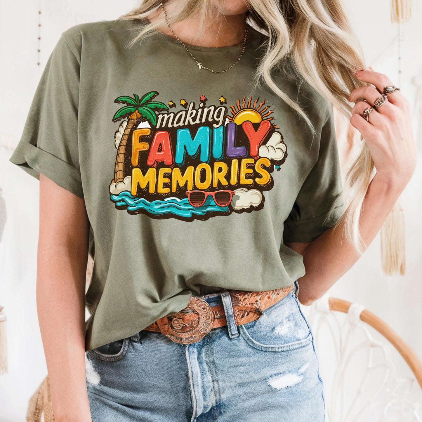Funny Vacation Shirt, Making Family Memories Tee, Colorful Beach Trip T-Shirt, Matching Group Travel Tee, Y2K Holiday Vibes Shirt 2506B005