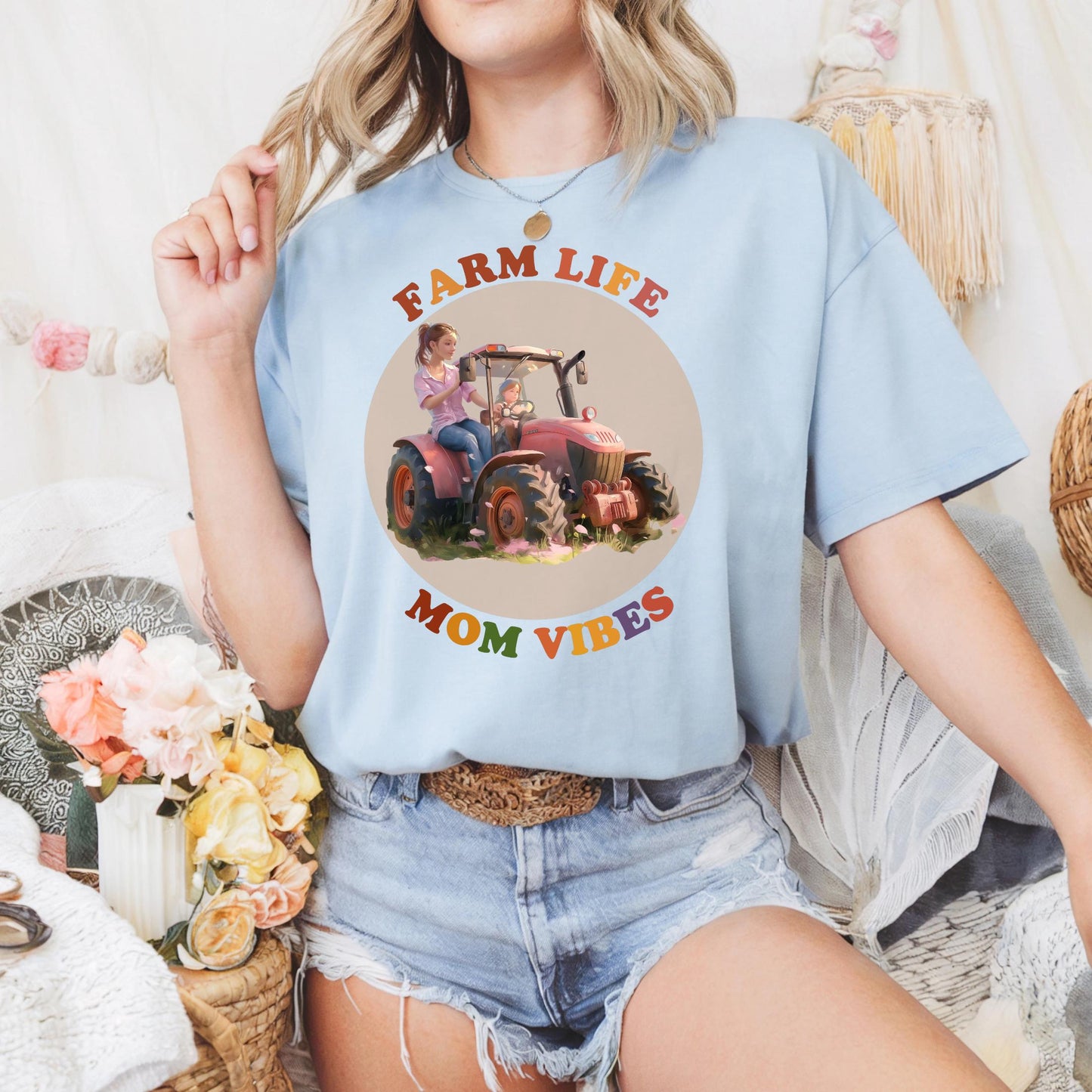Farm Life Mom Vibes Shirt, Cute Mother Daughter Tractor Tee, Country Girl Aesthetic Outfit, Matching Mom Shirt 2506C004