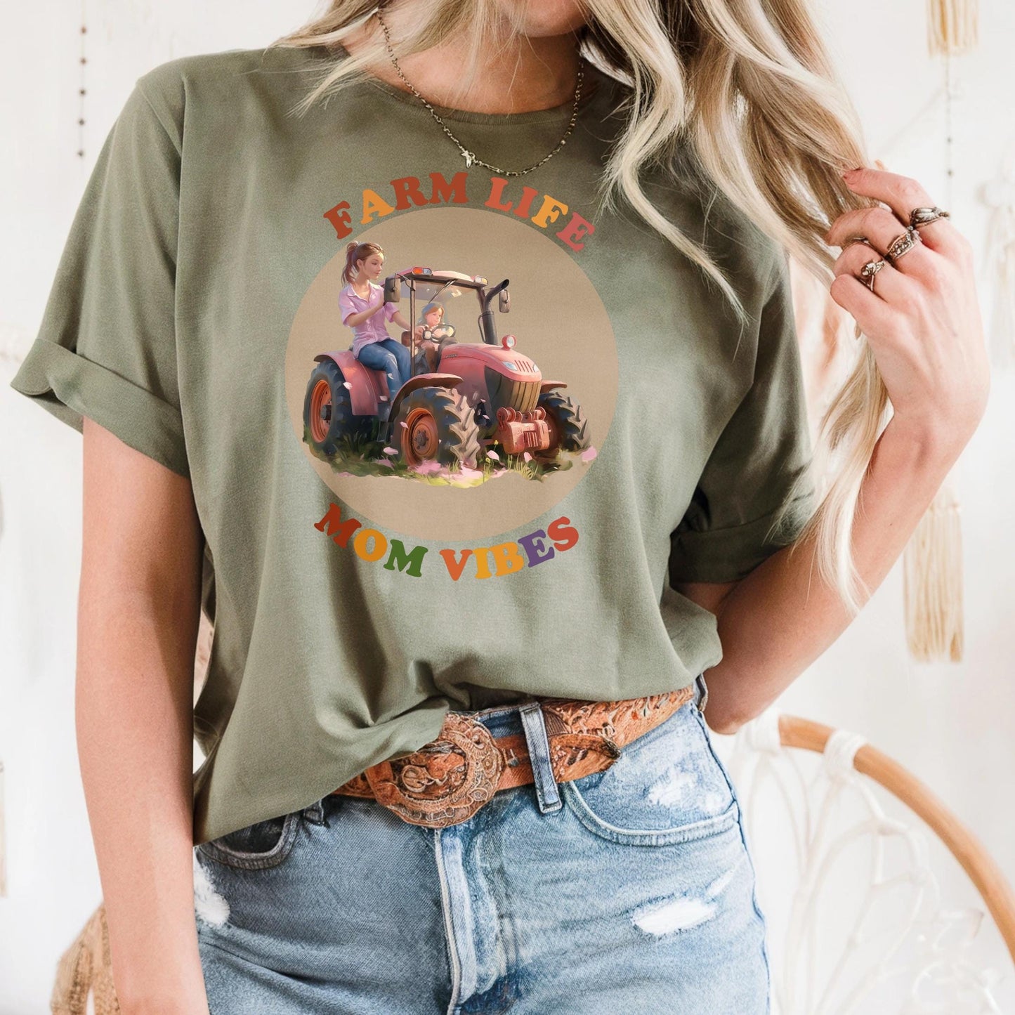 Farm Life Mom Vibes Shirt, Cute Mother Daughter Tractor Tee, Country Girl Aesthetic Outfit, Matching Mom Shirt 2506C004