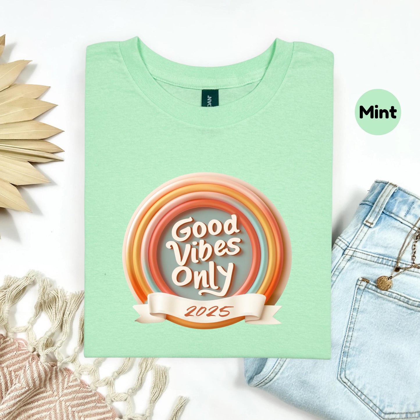 2025 Good Energy T-Shirt – Motivational Retro Tee with Rainbow Design – New Year Positive Vibes Shirt Gift AA107