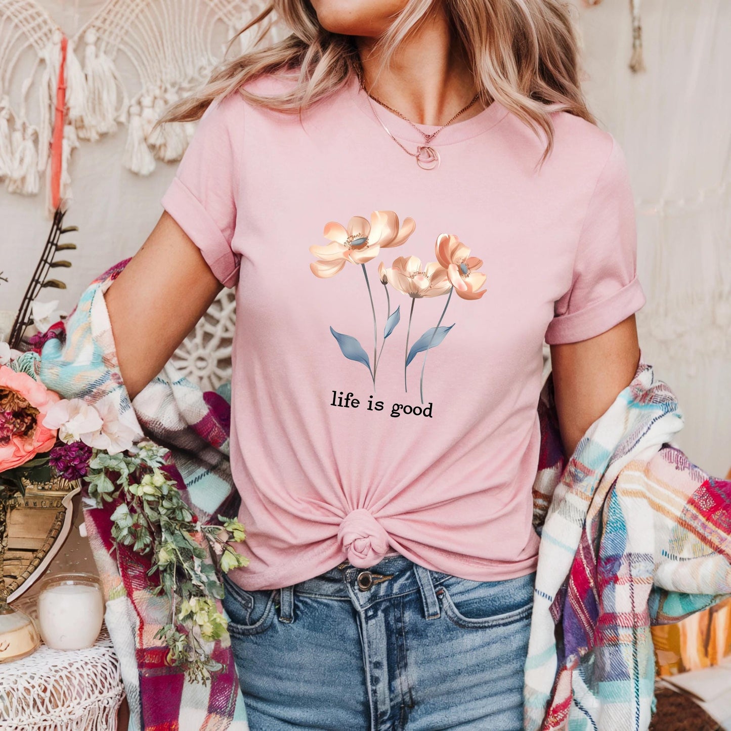 Minimal Floral Life Is Good Shirt Women’s Motivational Quote Tee Modern Graphic TShirt Soft Calm Self Care Daily Outfit AA109