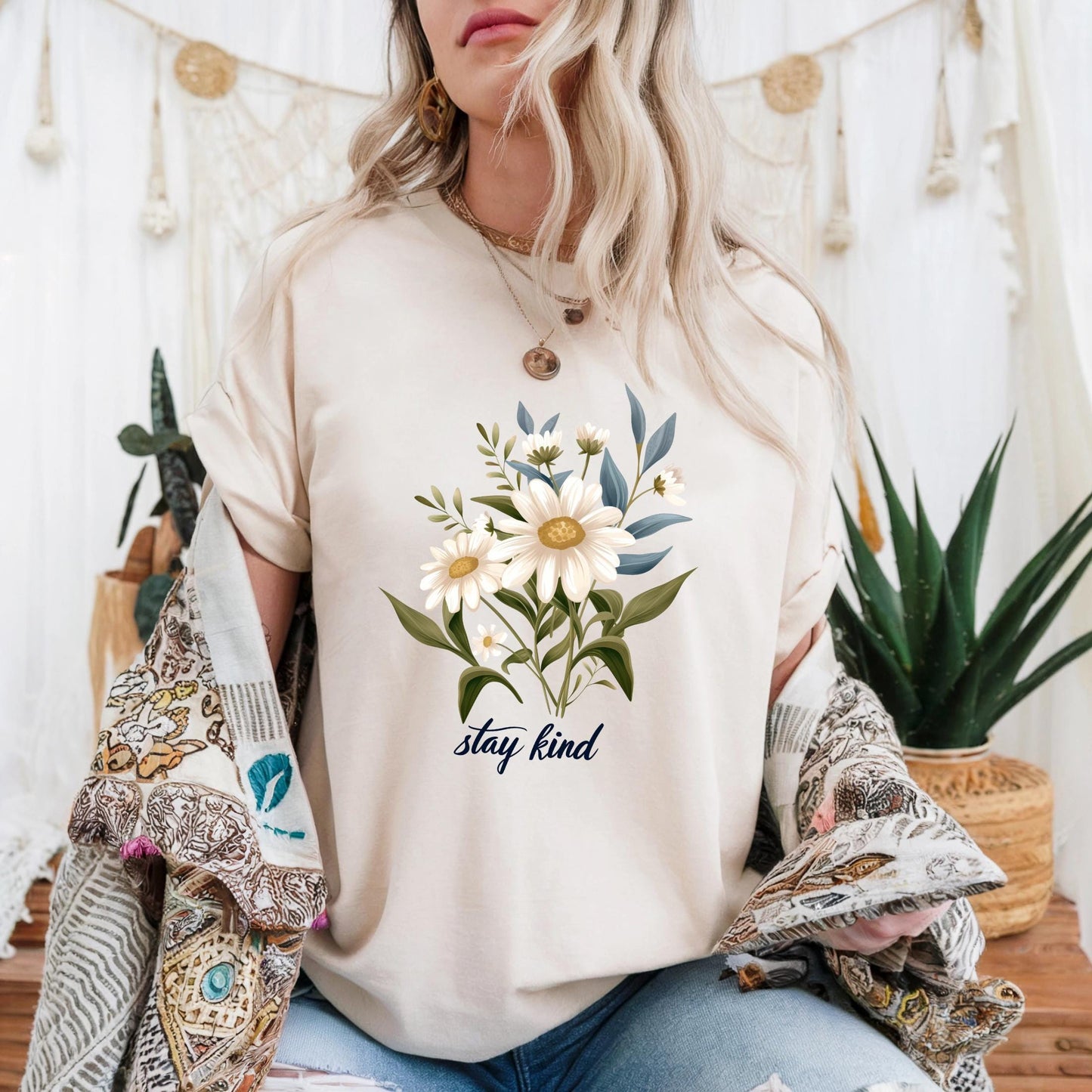 Minimalist Floral Stay Kind Shirt Mindful Living Tee Positive Affirmation TShirt for Women Calm Energy Comfortwear Style AA111