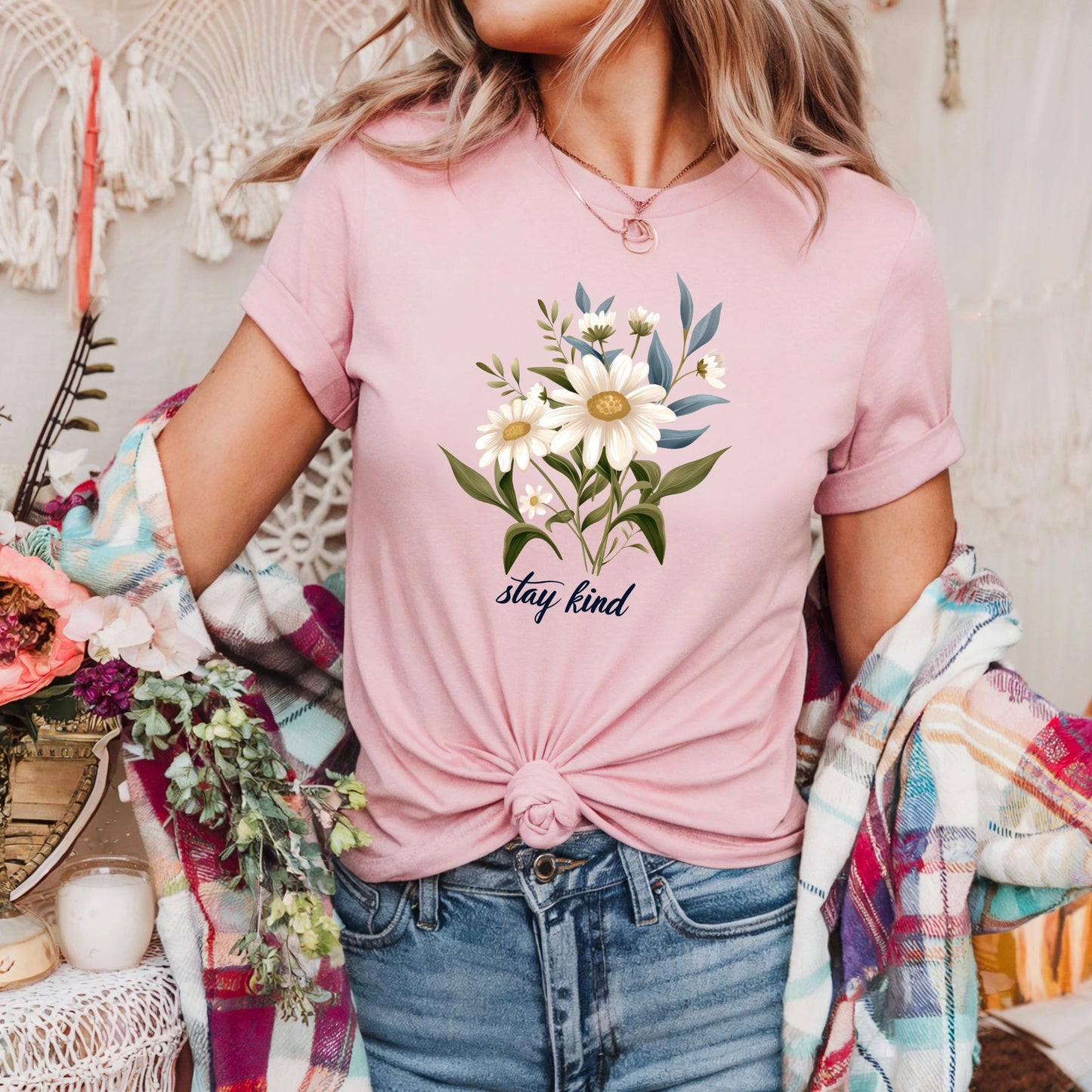 Minimalist Floral Stay Kind Shirt Mindful Living Tee Positive Affirmation TShirt for Women Calm Energy Comfortwear Style AA111