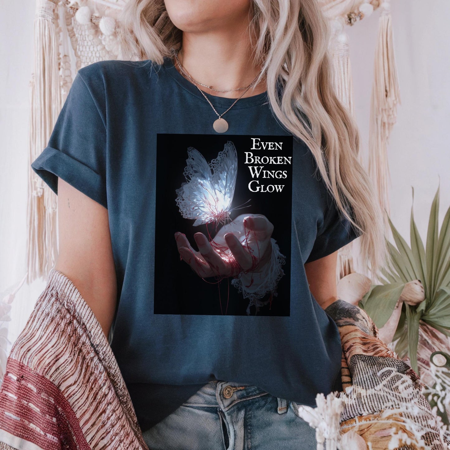Emotional Goth Butterfly Shirt Even Broken Wings Glow T-Shirt for Healing Souls Dark Aesthetic Tee for Women and Men AA44