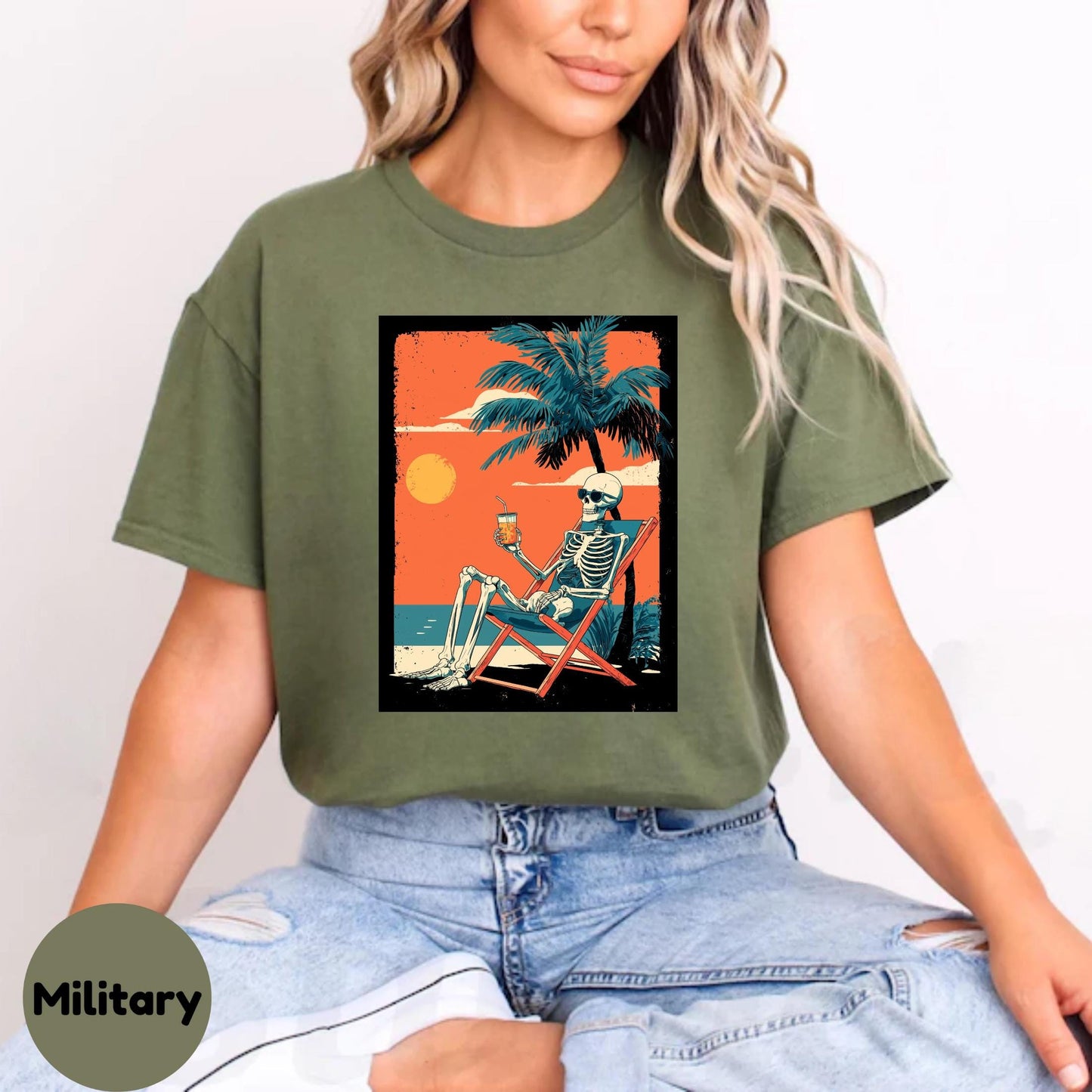 Skeleton Beach Shirt Funny Tropical Goth Tee Vintage Sunset Vacay Graphic T-Shirt for Halloween and Summer Vibes AA43