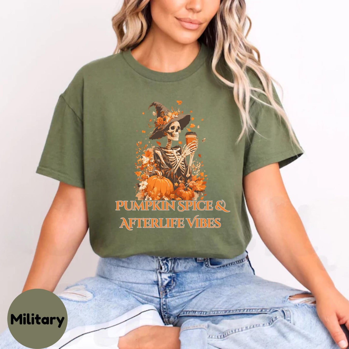 Gothic Pumpkin Skeleton Shirt Vintage Halloween Coffee Tee Afterlife Humor T-Shirt for Spooky Season Unisex AA38