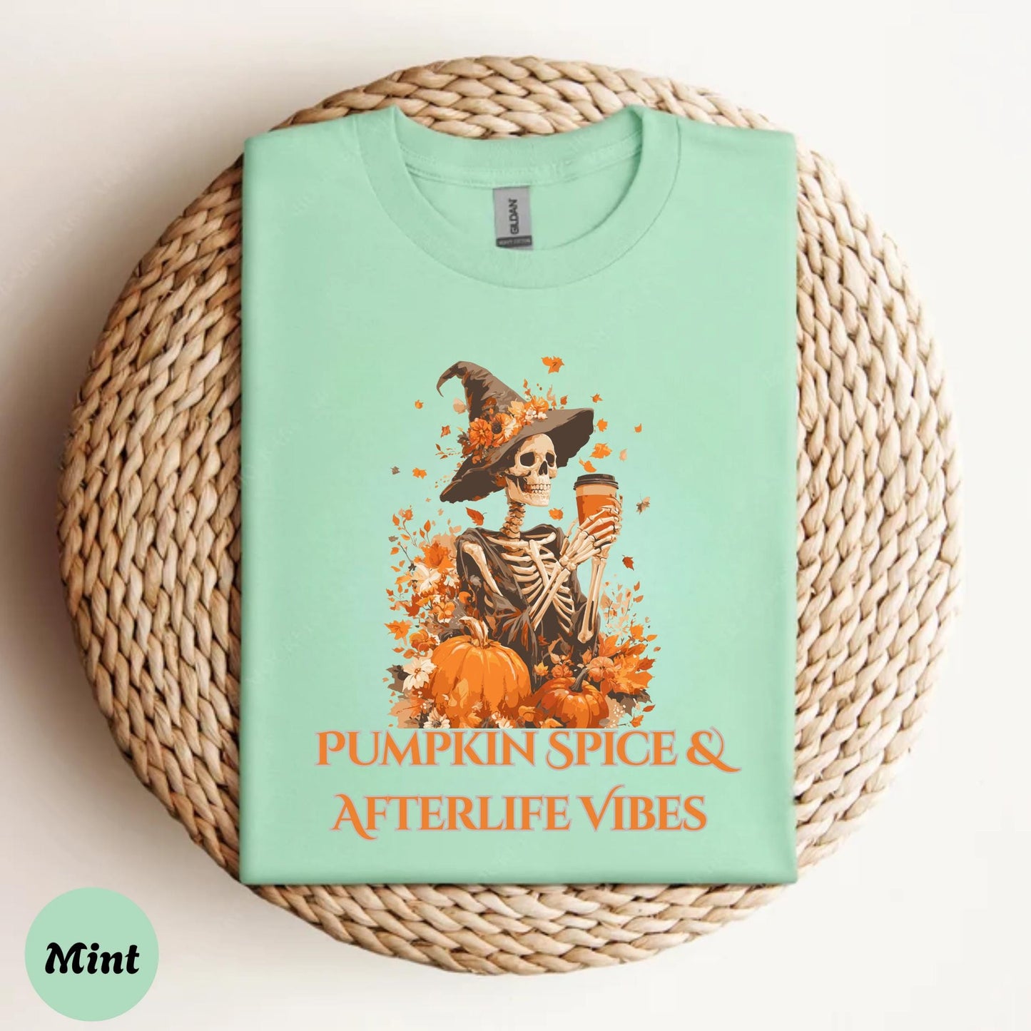 Gothic Pumpkin Skeleton Shirt Vintage Halloween Coffee Tee Afterlife Humor T-Shirt for Spooky Season Unisex AA38