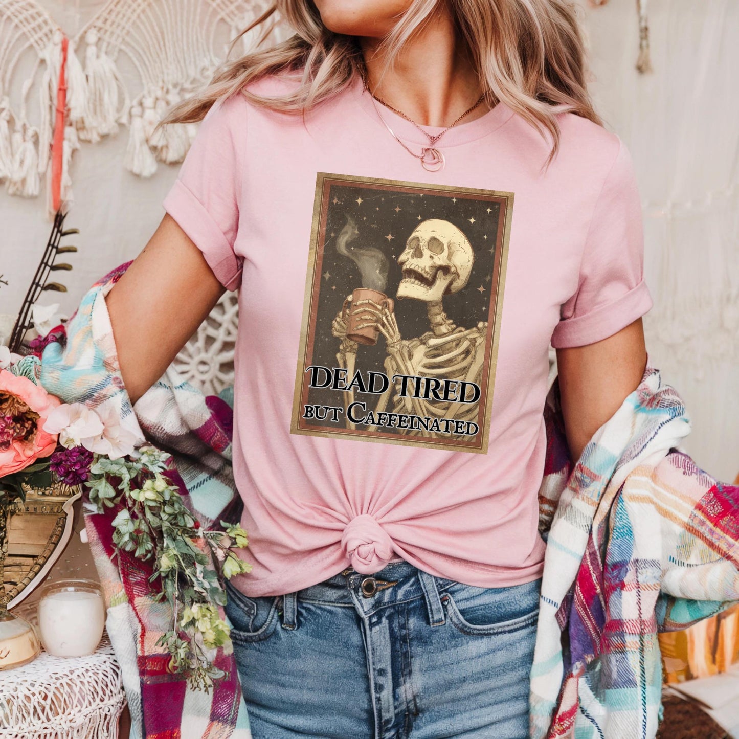Dead Tired But Caffeinated Shirt Funny Coffee Skeleton Tee Vintage Goth Workwear Graphic for Men and Women AA37