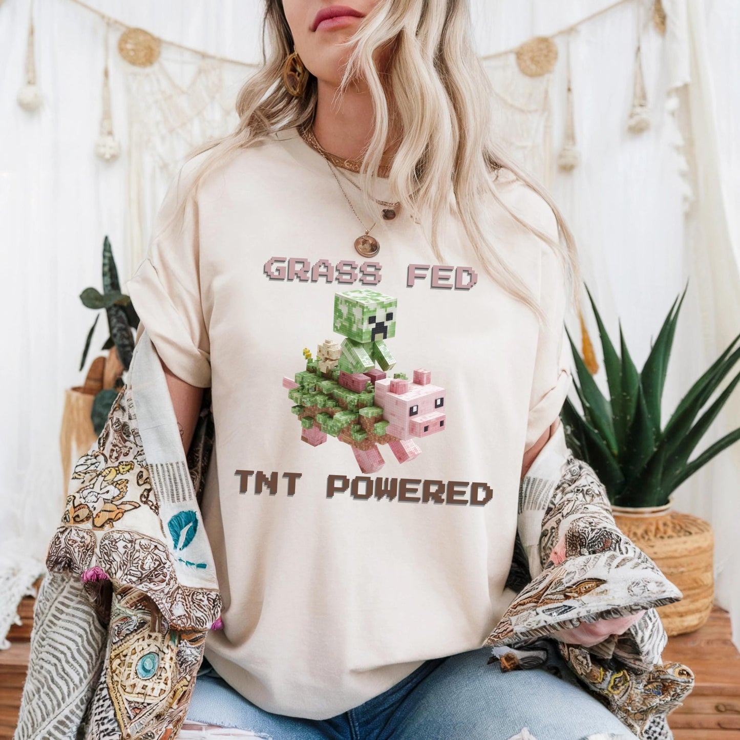Retro Y2K Pixel Pig Shirt Grass Fed TNT Powered Graphic Tee Funny Blocky Animal Aesthetic for Teens Unisex AA34