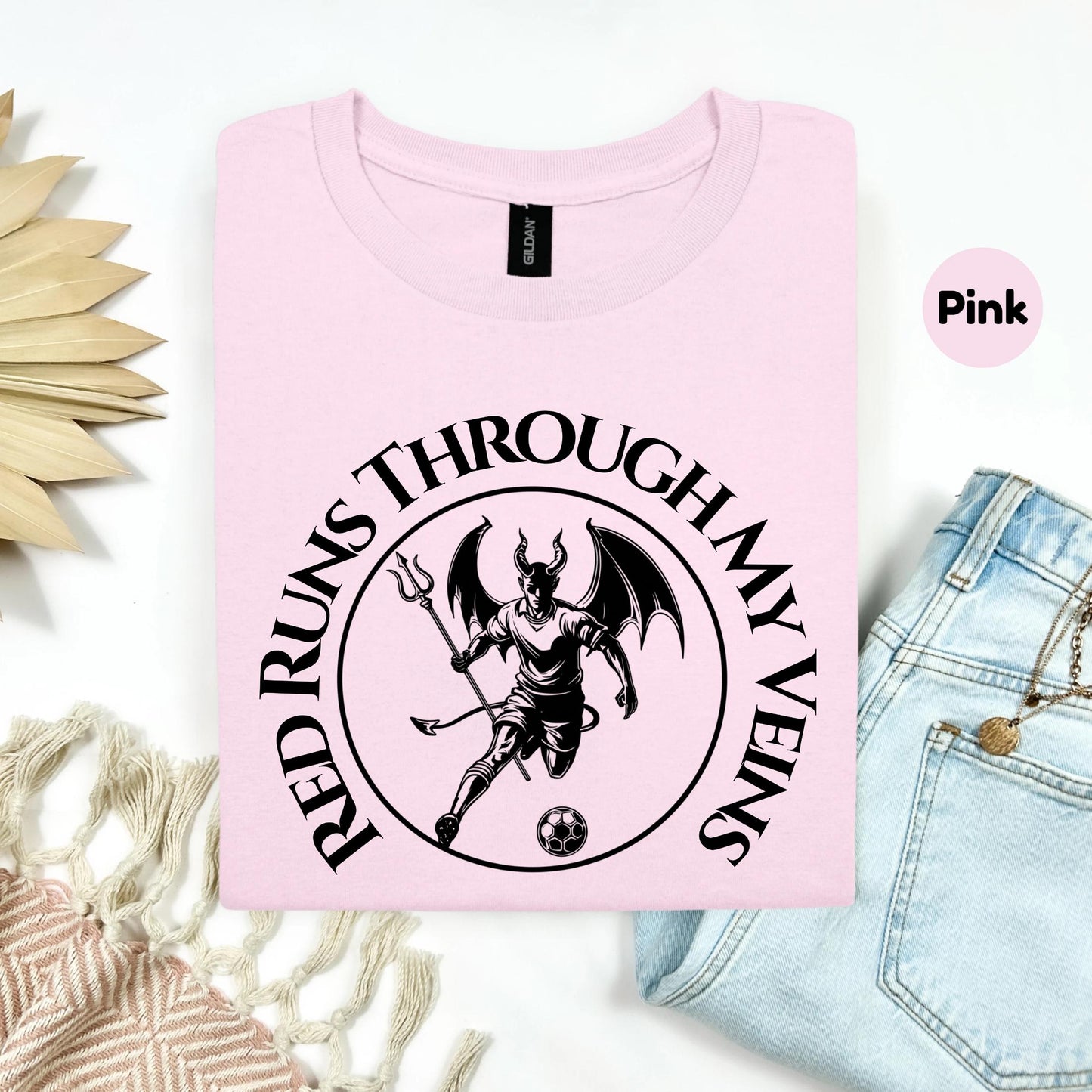 Gothic Devil Soccer Shirt, Red Runs Through My Veins Football Graphic Tee, Streetwear Fan T-Shirt for Men and Women AA27