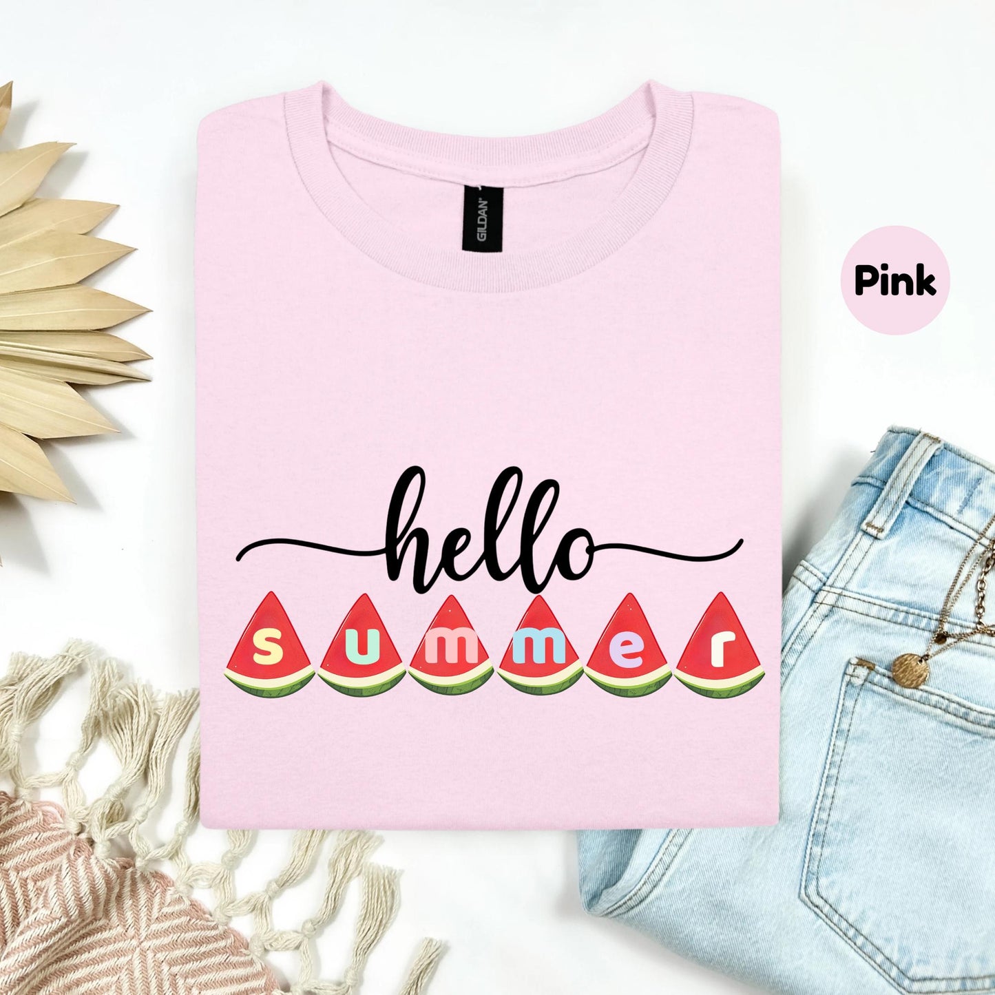 Teacher Hello Summer Shirt with Watermelon Letters, Cute Seasonal Graphic Tee, Funny Fruit Outfit for Women AA26