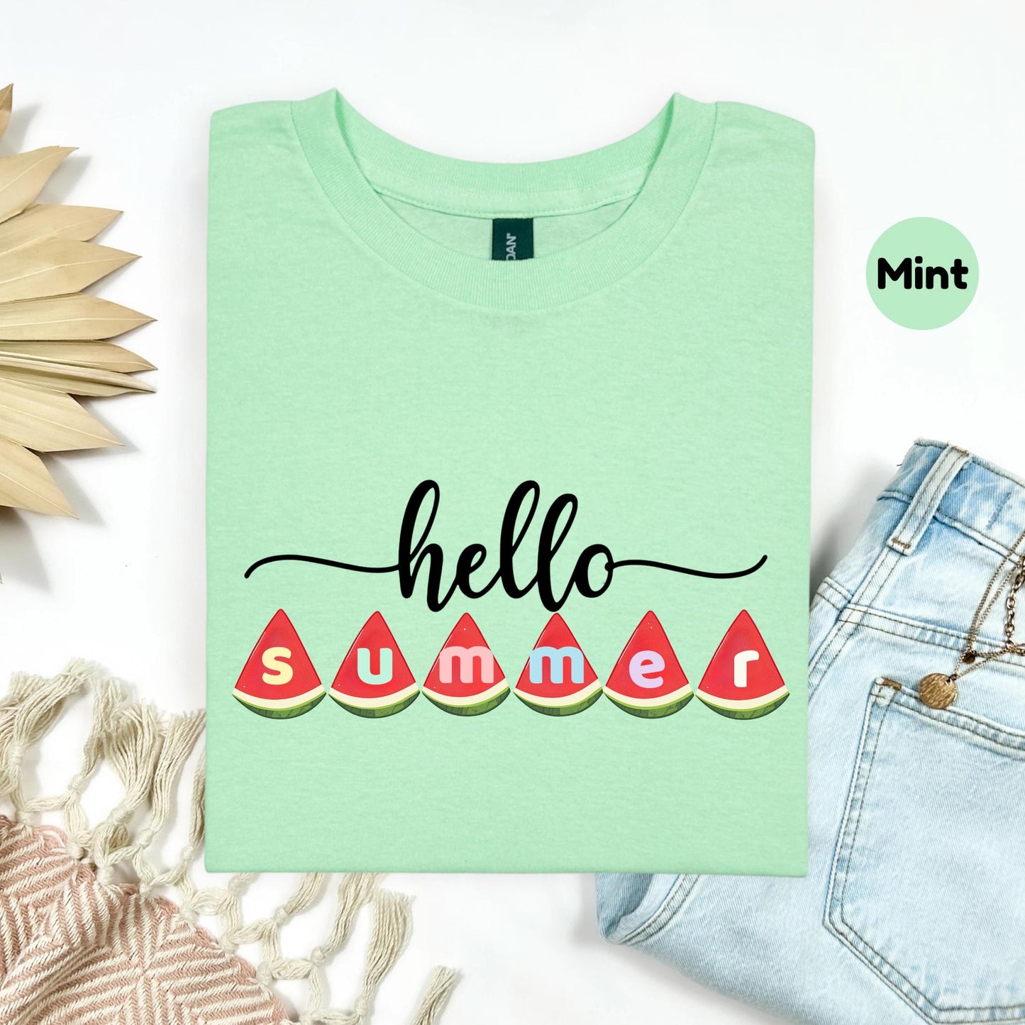 Teacher Hello Summer Shirt with Watermelon Letters, Cute Seasonal Graphic Tee, Funny Fruit Outfit for Women AA26