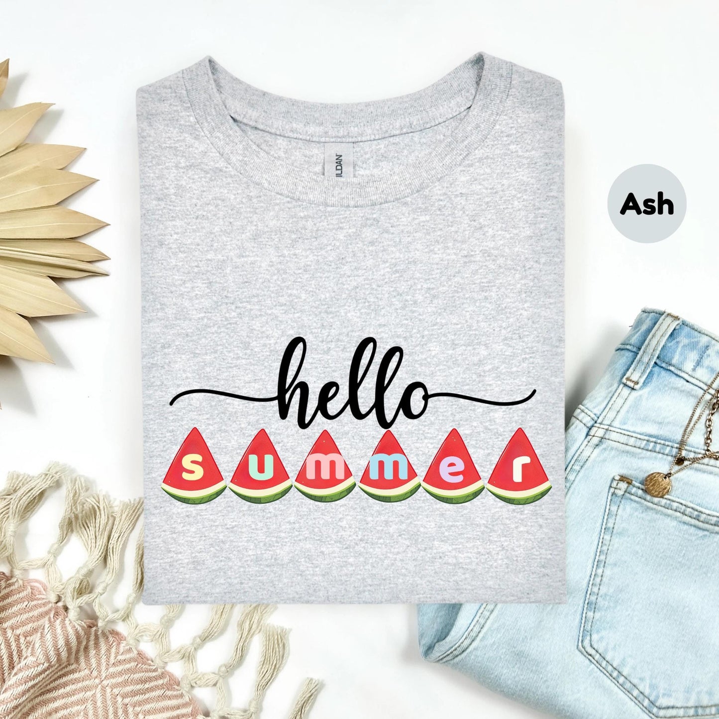 Teacher Hello Summer Shirt with Watermelon Letters, Cute Seasonal Graphic Tee, Funny Fruit Outfit for Women AA26