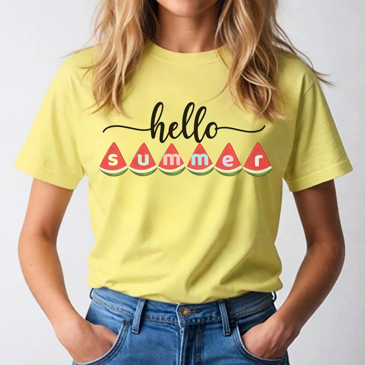 Teacher Hello Summer Shirt with Watermelon Letters, Cute Seasonal Graphic Tee, Funny Fruit Outfit for Women AA26