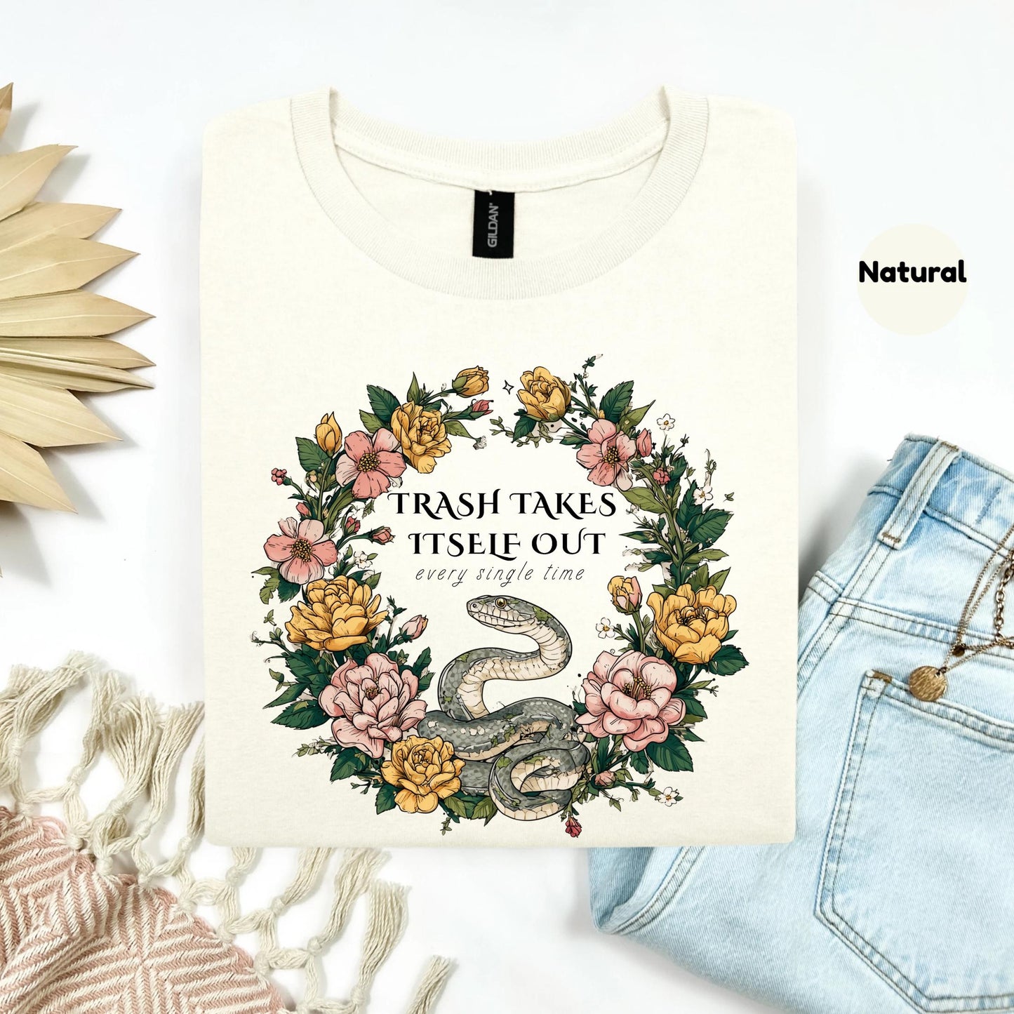 Funny Snake Shirt Trash Takes Itself Out Tee, Floral Sarcastic Quote Gift, Sassy Graphic T-Shirt for Best Friends AA17