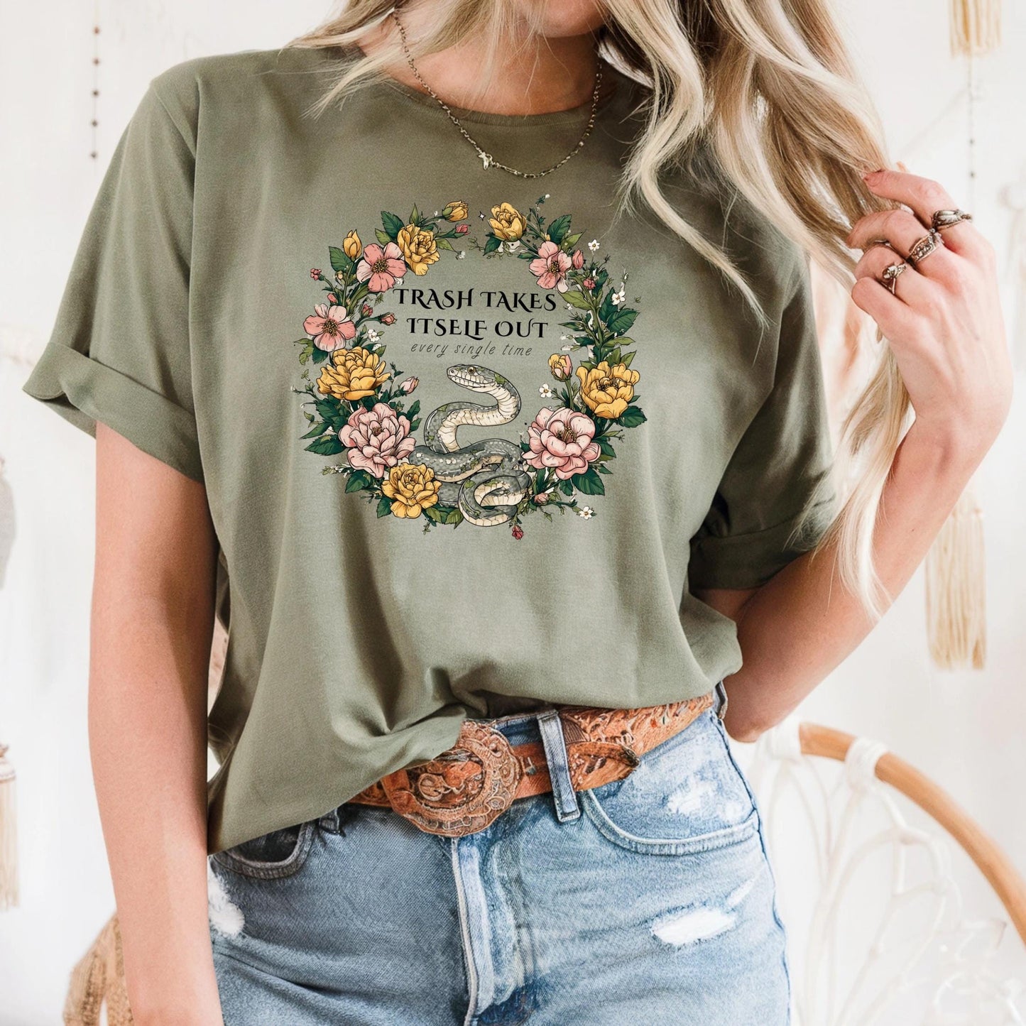 Funny Snake Shirt Trash Takes Itself Out Tee, Floral Sarcastic Quote Gift, Sassy Graphic T-Shirt for Best Friends AA17
