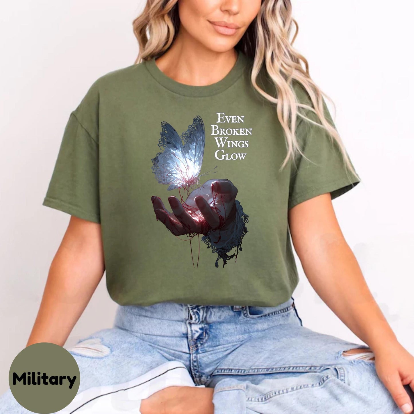 Empowering Butterfly Shirt for Healing, Broken Wings Glow Graphic Tee, Aesthetic Mental Health Gift for Her Him AA44