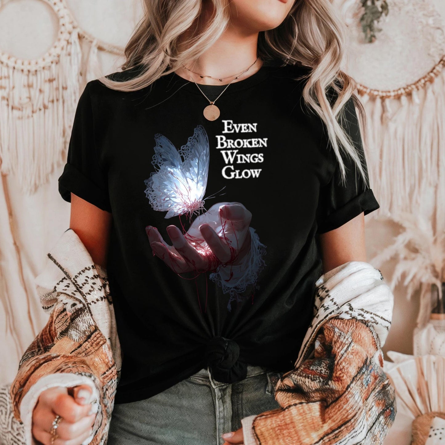 Empowering Butterfly Shirt for Healing, Broken Wings Glow Graphic Tee, Aesthetic Mental Health Gift for Her Him AA44