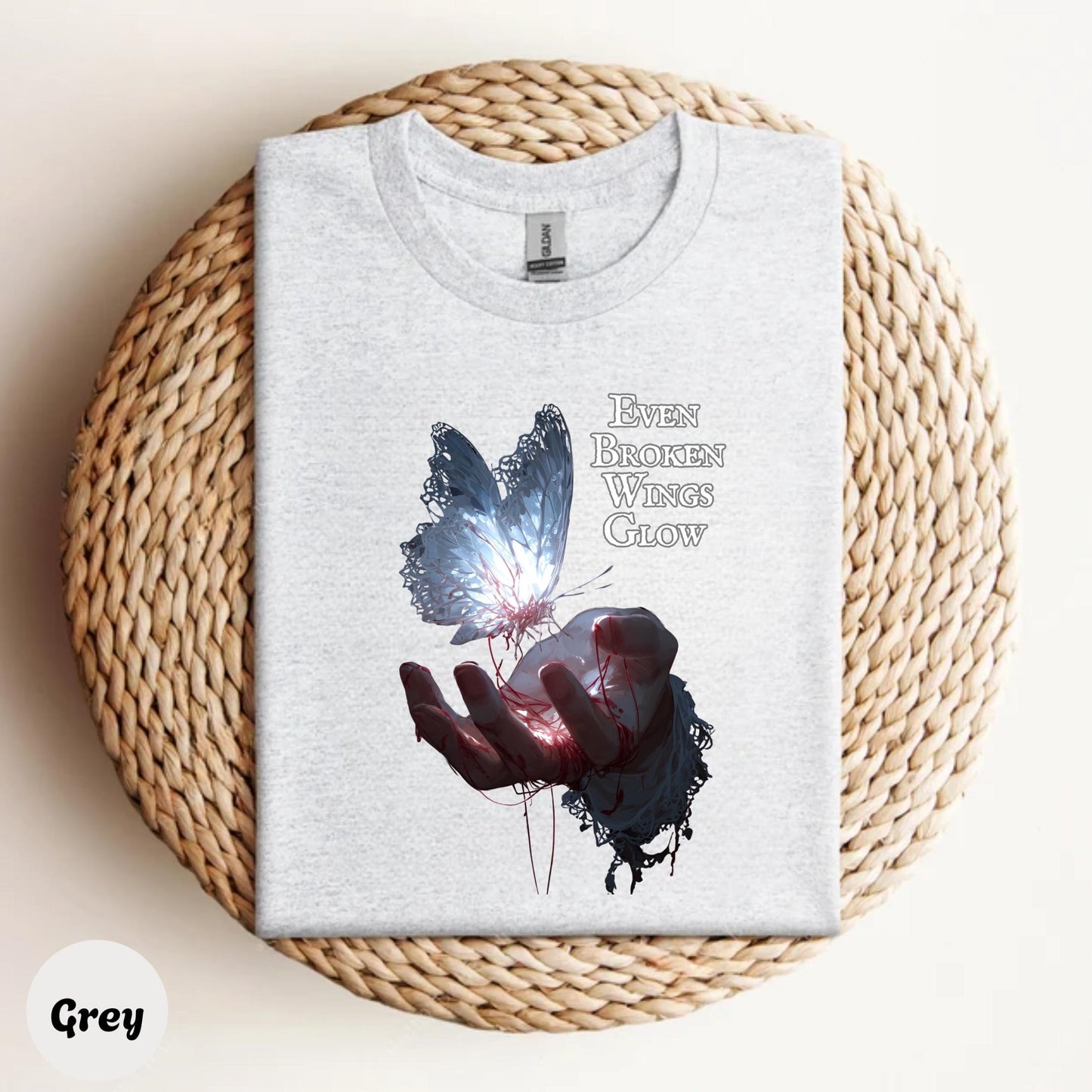 Empowering Butterfly Shirt for Healing, Broken Wings Glow Graphic Tee, Aesthetic Mental Health Gift for Her Him AA44