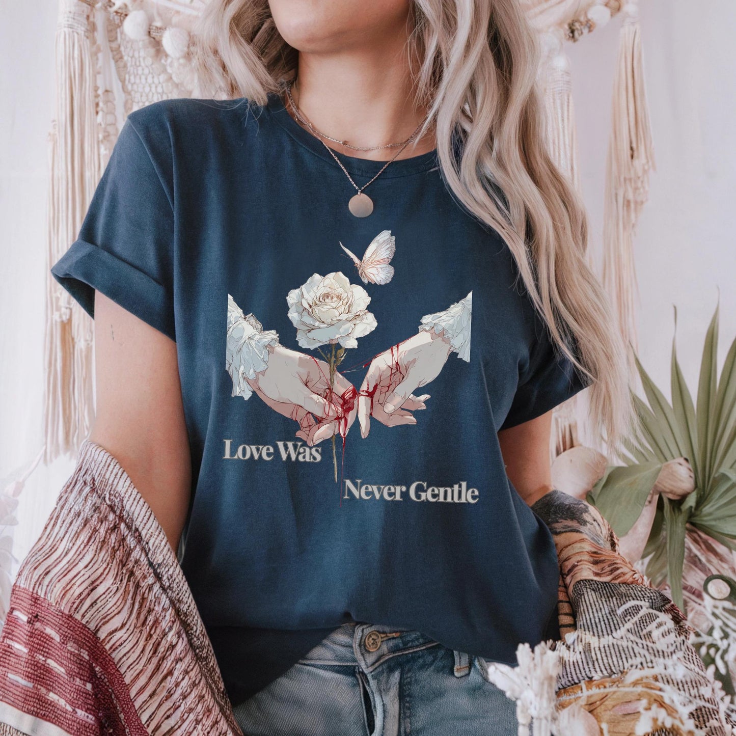 Gothic Love Shirt with Rose and Red Thread, Emotional Heartbreak Tee, Aesthetic Dark Romantic Graphic Shirt AA45