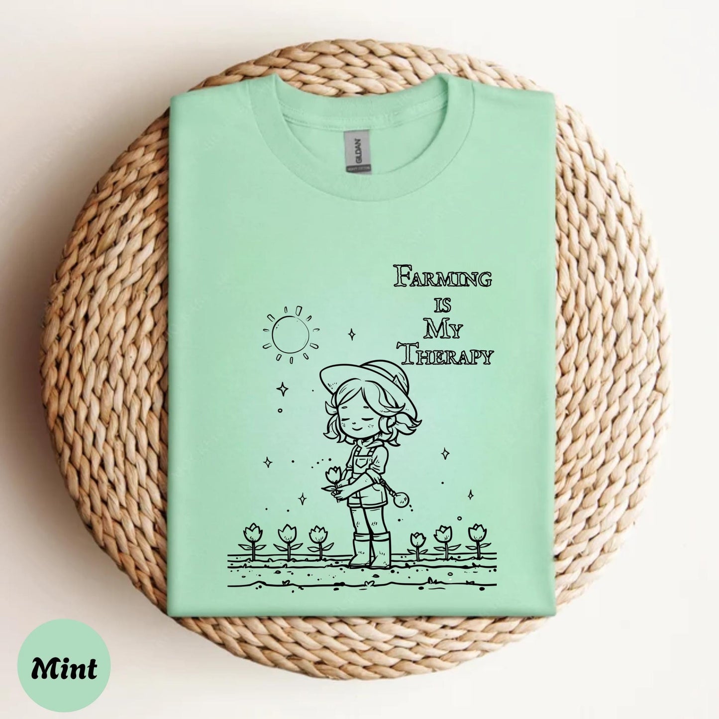 Cute Kawaii Farming Therapy Shirt, Cartoon Farmer Girl Tee, Wholesome Gardening Gift for Plant Moms and Teens AA47