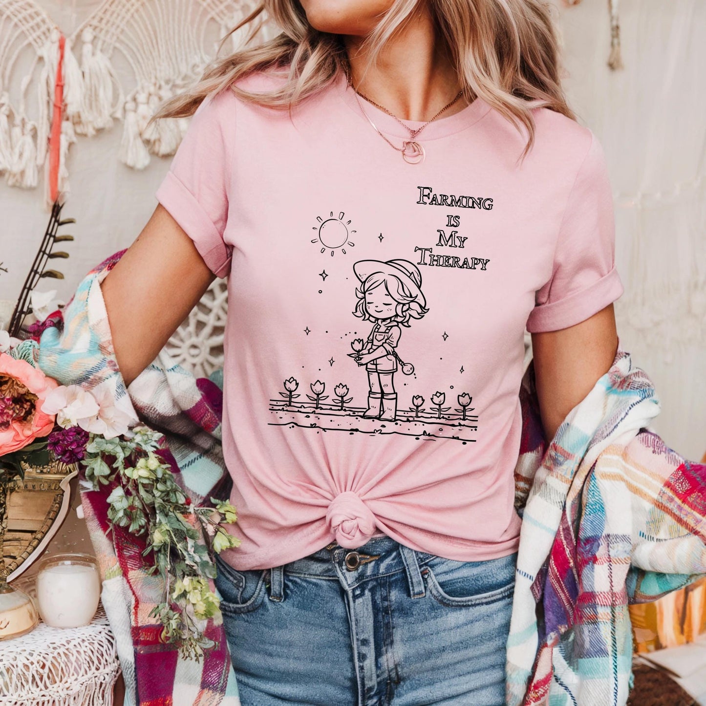 Cute Kawaii Farming Therapy Shirt, Cartoon Farmer Girl Tee, Wholesome Gardening Gift for Plant Moms and Teens AA47