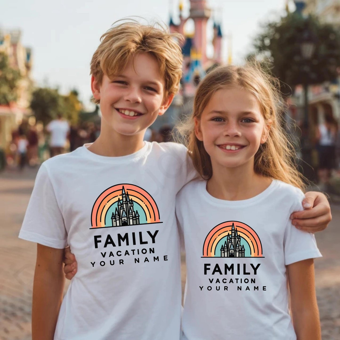 Custom Family Vacation Shirt with Castle, Retro Rainbow Matching Tees, Personalized Park Trip Outfits for Kids and Parents AA52