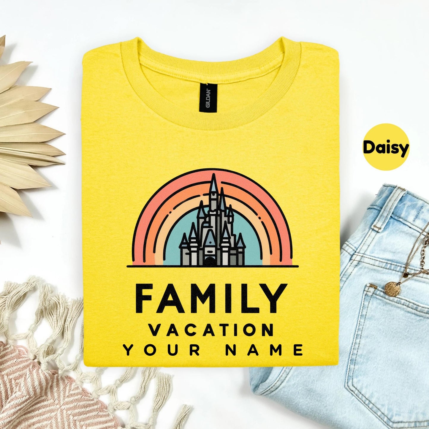 Custom Family Vacation Shirt with Castle, Retro Rainbow Matching Tees, Personalized Park Trip Outfits for Kids and Parents AA52