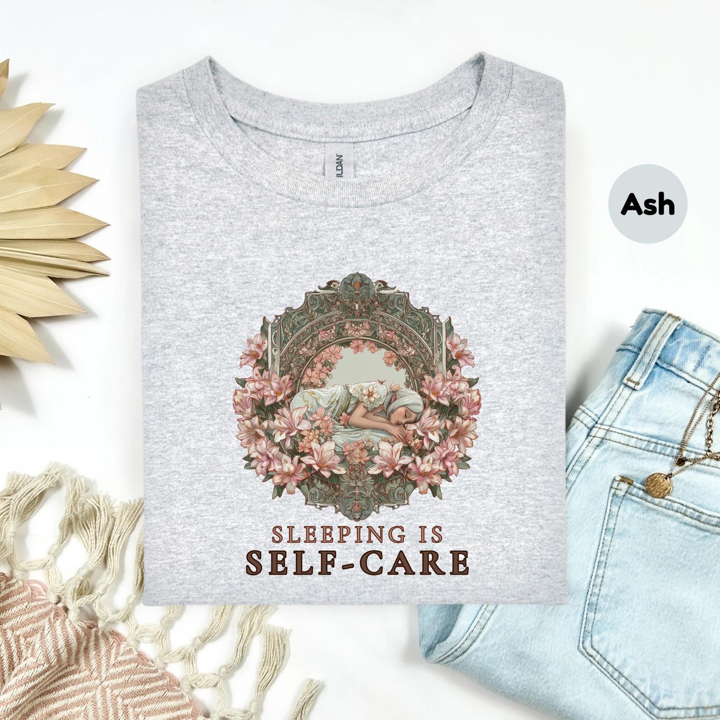 Floral Self-Care Shirt for Women - Sleeping Is Self Care Tee, Vintage Art Nouveau Graphic Tee, Rest Lover Gift Top AA64