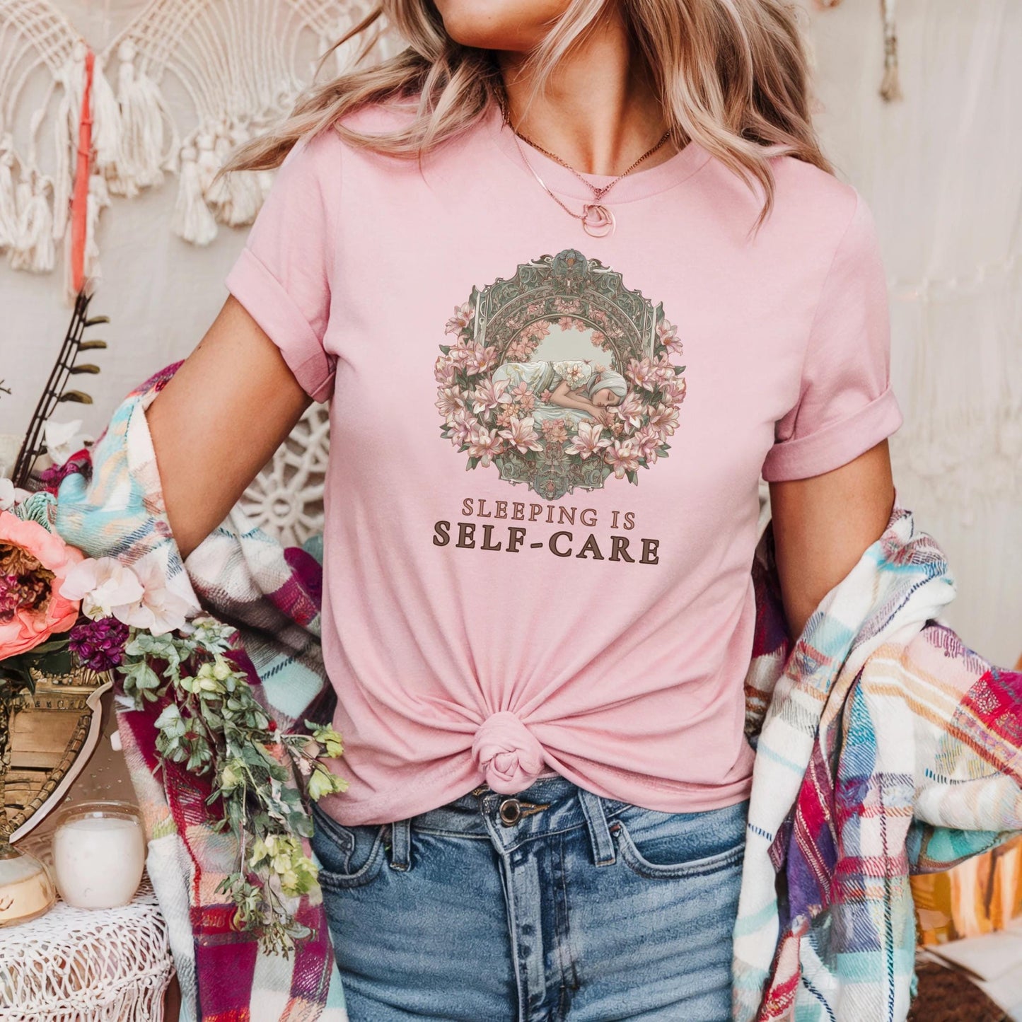 Floral Self-Care Shirt for Women - Sleeping Is Self Care Tee, Vintage Art Nouveau Graphic Tee, Rest Lover Gift Top AA64