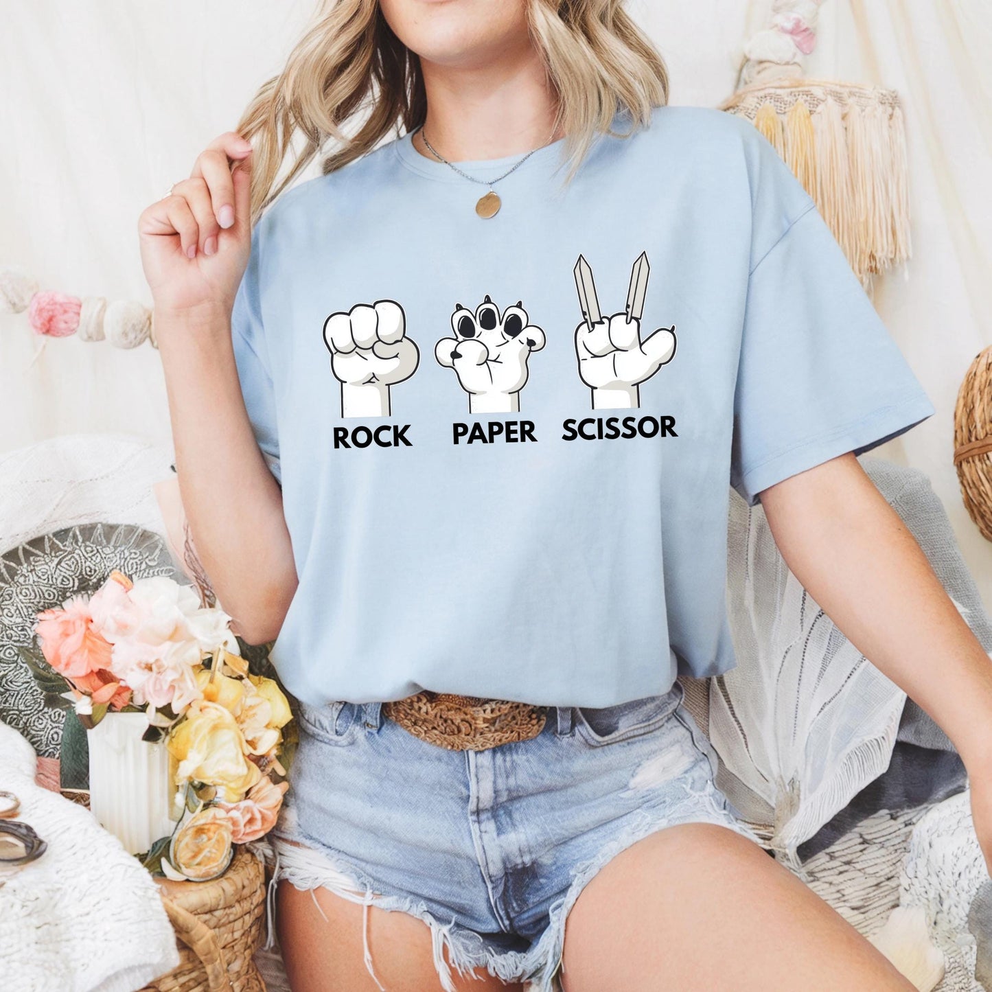 Cute Gamer Rock Paper Scissors Tee - Claw Paw Scissor T-Shirt, Animal Inspired Geek Humor Shirt for Everyday Fun Wear Top AA67