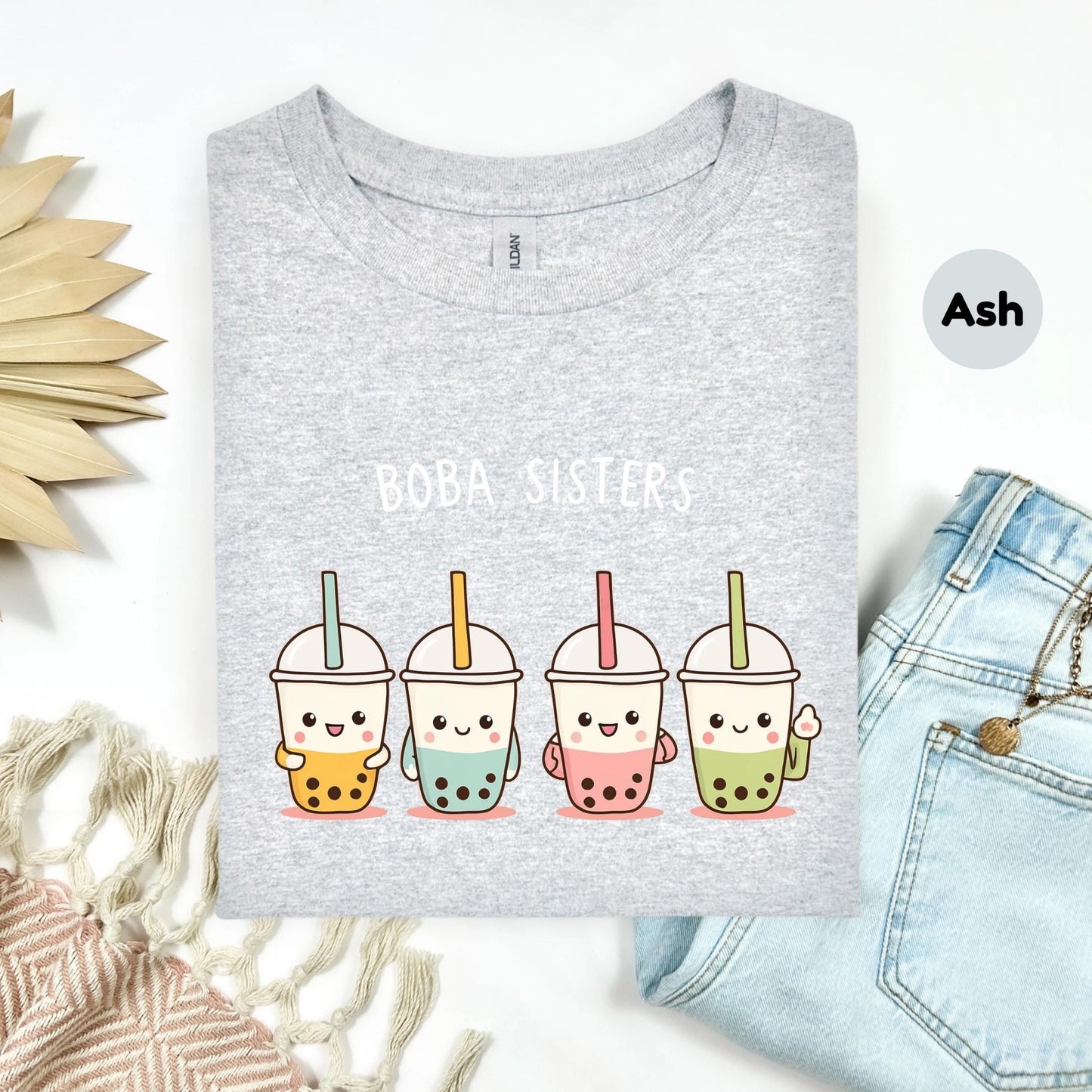 Boba Sisters Matching Shirt - Cute Bubble Tea Crew Tee for Girls, Kawaii Milk Tea Top, Funny Sister Gift Idea for Boba Lovers AA71