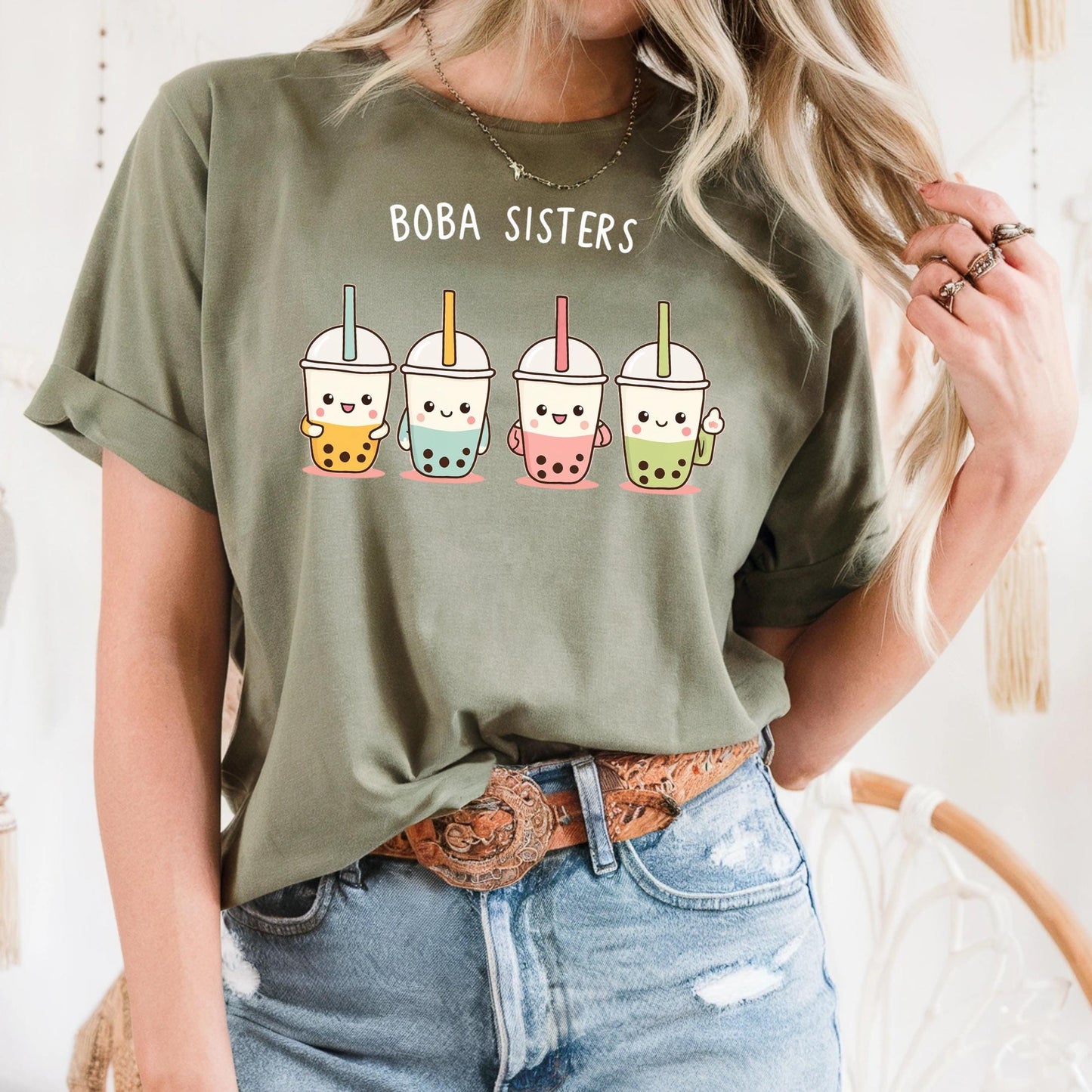 Boba Sisters Matching Shirt - Cute Bubble Tea Crew Tee for Girls, Kawaii Milk Tea Top, Funny Sister Gift Idea for Boba Lovers AA71
