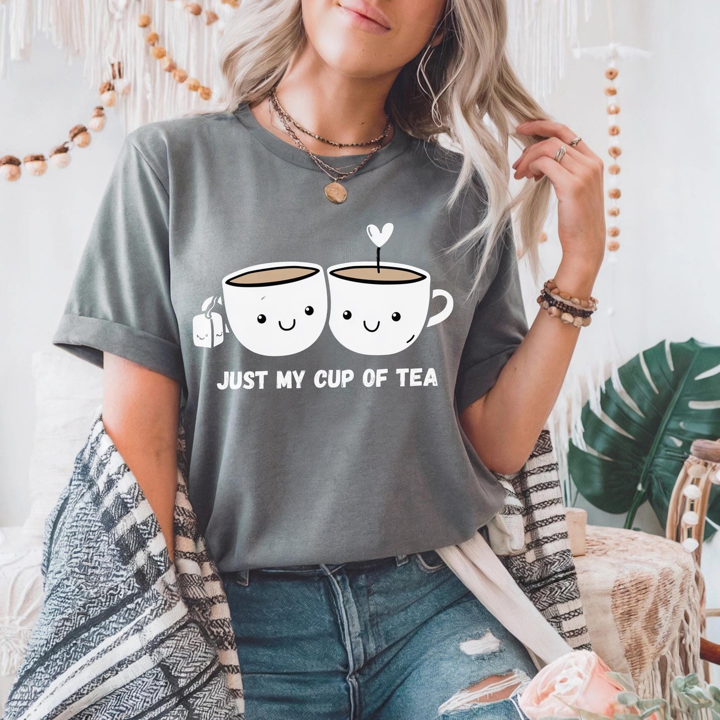 Funny Tea Lover Shirt - Just My Cup of Tea Graphic Tee for Women Men, Kawaii Cute Drink Shirt, Pun Gift for Tea Addict AA72