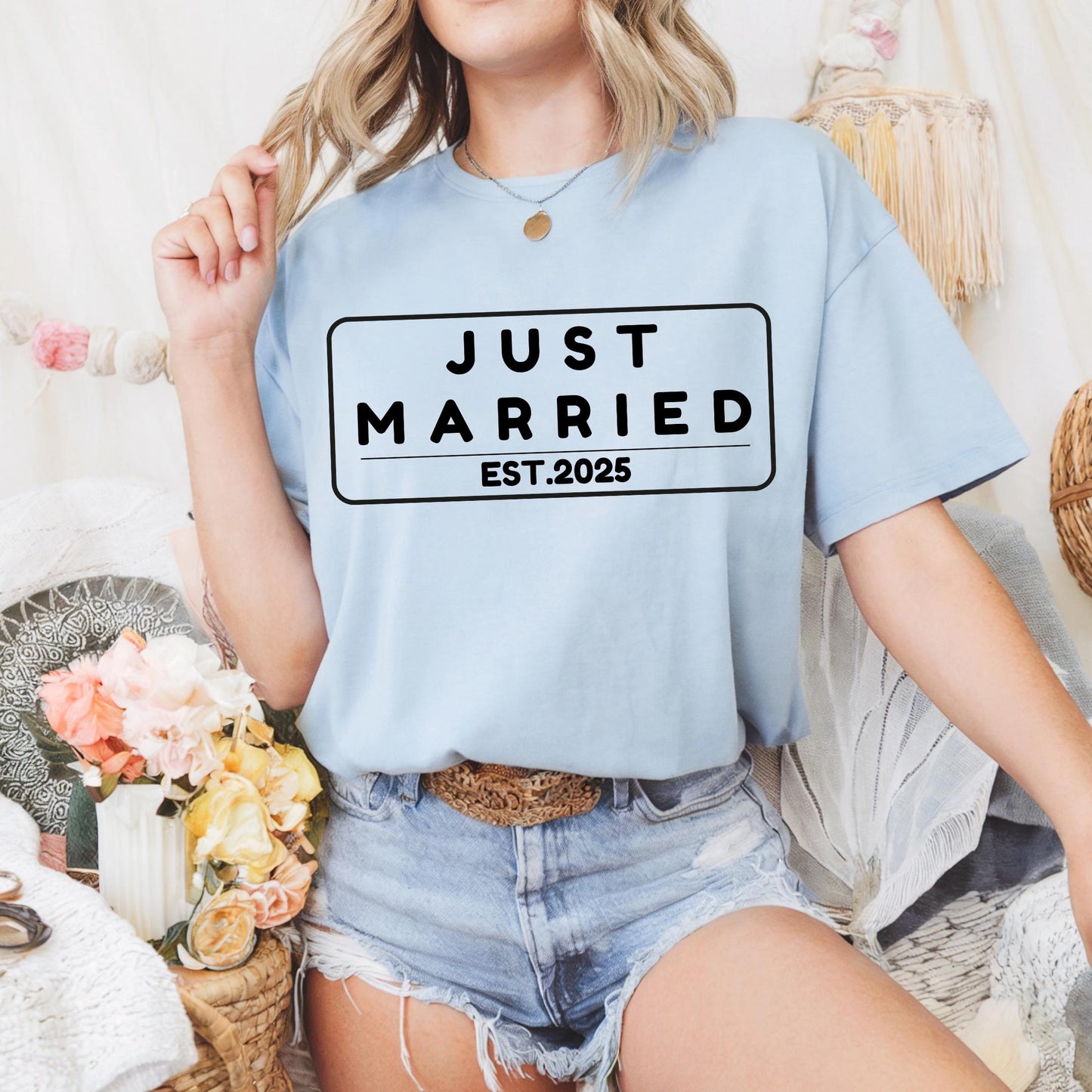 Just Married 2025 Shirt β Cute Graphic Tee for Bride or Groom, Casual Newlywed Gift, Minimal Wedding Celebration Top AA74