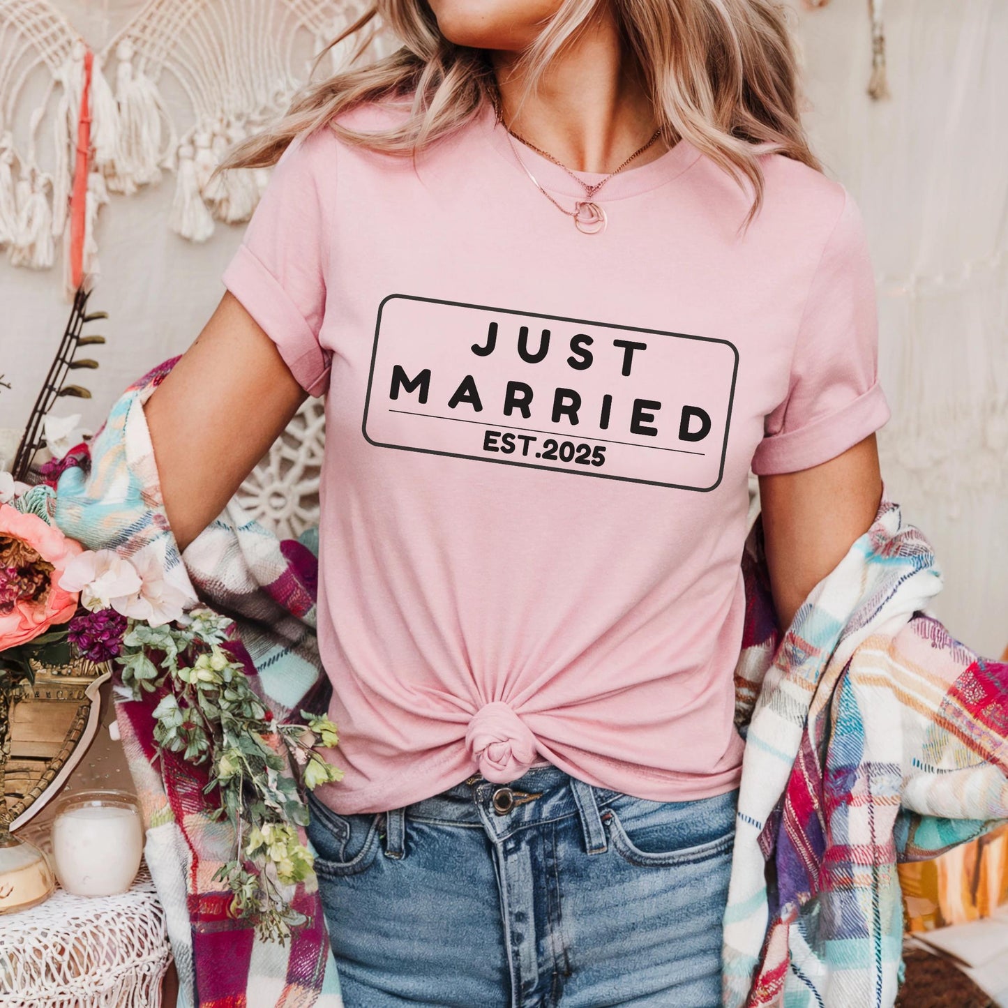 Just Married 2025 Shirt β Cute Graphic Tee for Bride or Groom, Casual Newlywed Gift, Minimal Wedding Celebration Top AA74