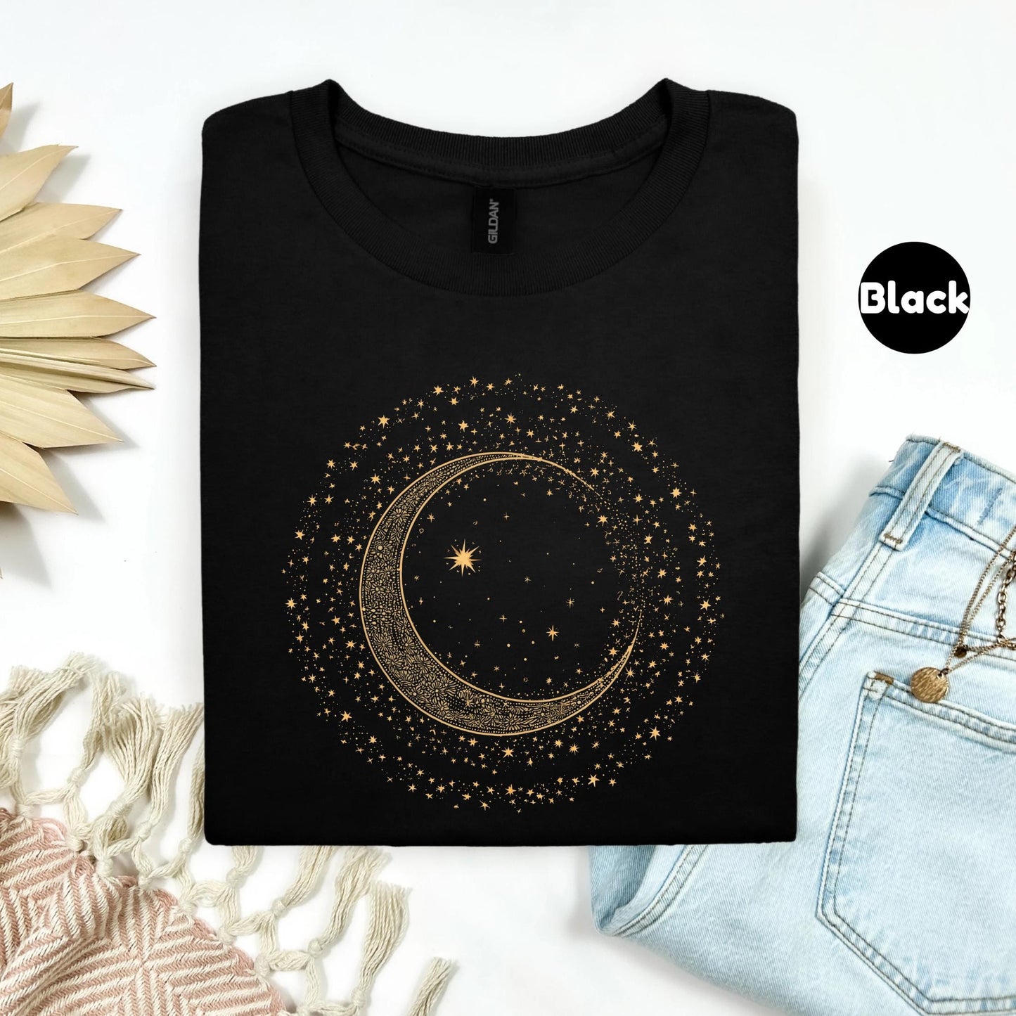 Mystic Moon Phase Shirt β Celestial Gold Crescent Moon Tee, Witchcore Spiritual Graphic T-Shirt for Women, Starry Night Top AA79
