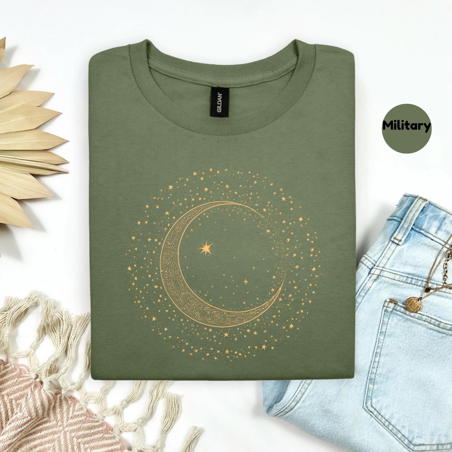 Mystic Moon Phase Shirt β Celestial Gold Crescent Moon Tee, Witchcore Spiritual Graphic T-Shirt for Women, Starry Night Top AA79