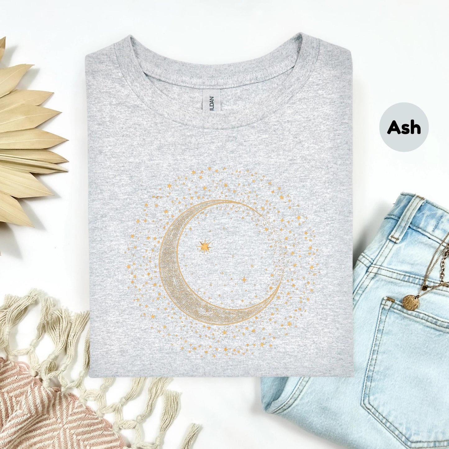Mystic Moon Phase Shirt β Celestial Gold Crescent Moon Tee, Witchcore Spiritual Graphic T-Shirt for Women, Starry Night Top AA79