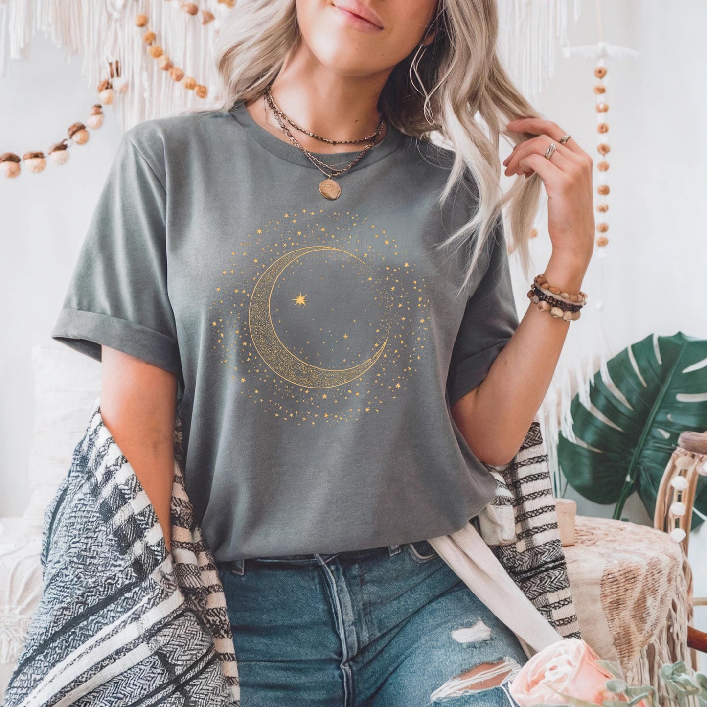 Mystic Moon Phase Shirt β Celestial Gold Crescent Moon Tee, Witchcore Spiritual Graphic T-Shirt for Women, Starry Night Top AA79