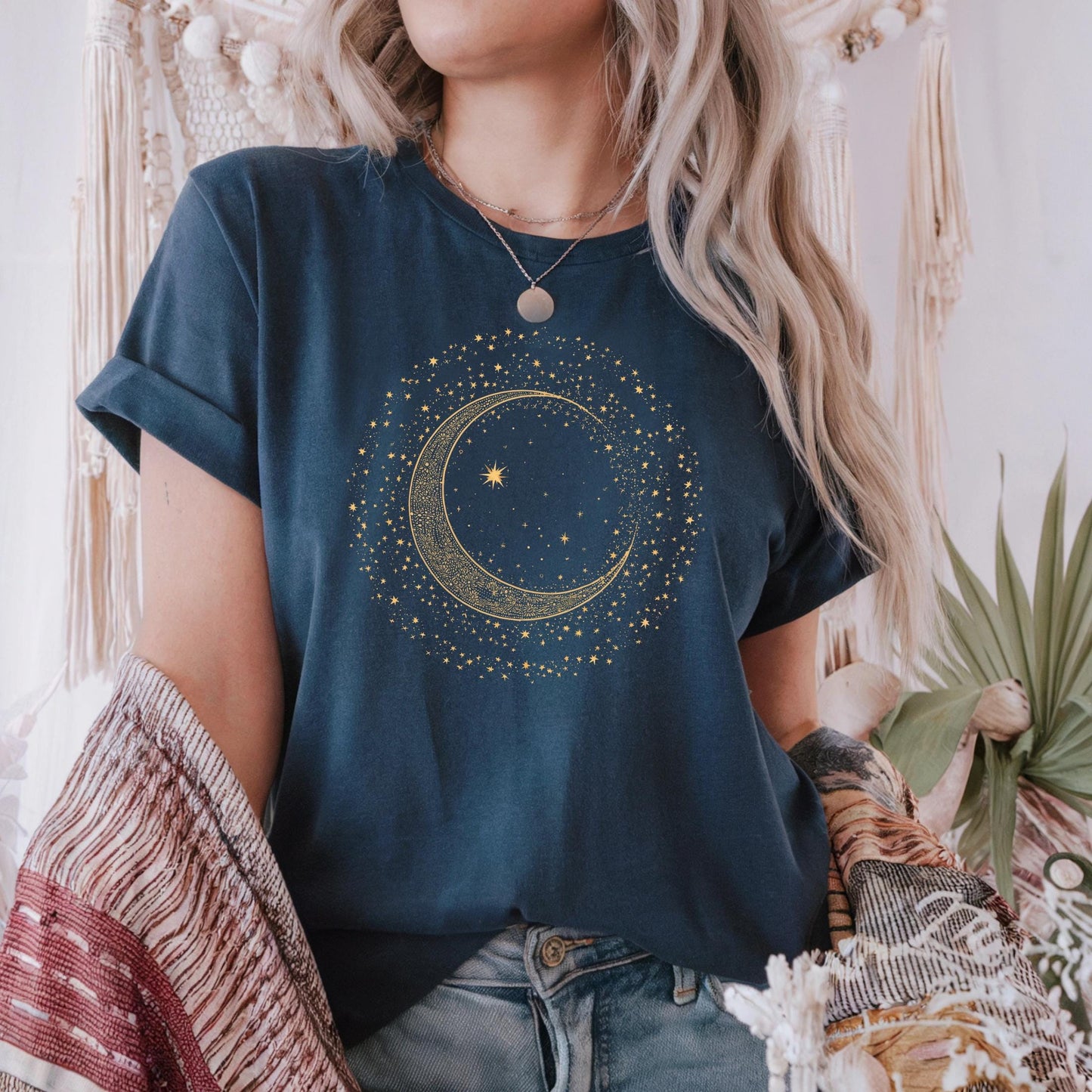 Mystic Moon Phase Shirt β Celestial Gold Crescent Moon Tee, Witchcore Spiritual Graphic T-Shirt for Women, Starry Night Top AA79