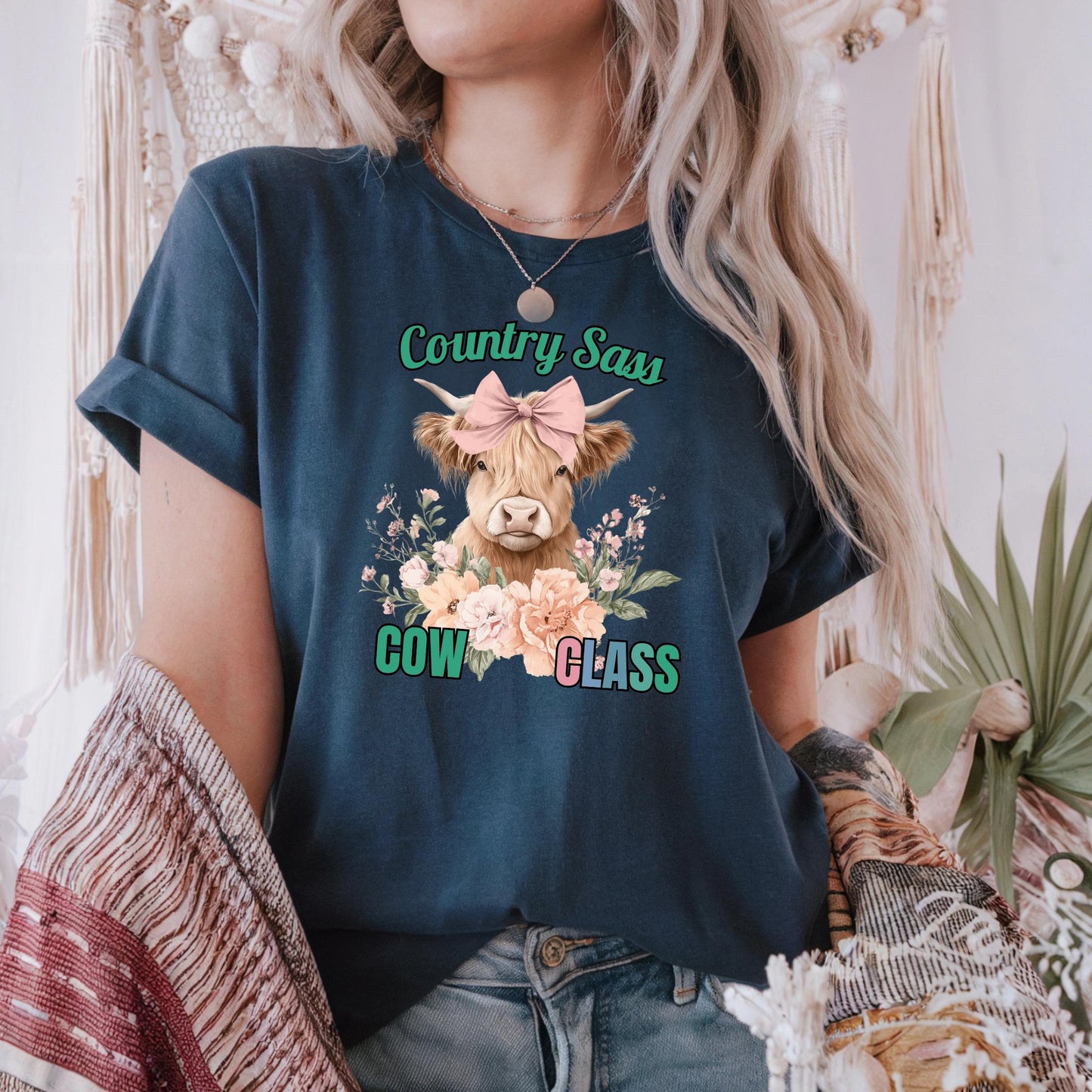 Funny Cow Sass T-Shirt โ Country Girl COW CLASS Graphic Tee, Highland Cow with Flowers, Cute Southern Farm Life Shirt AA84