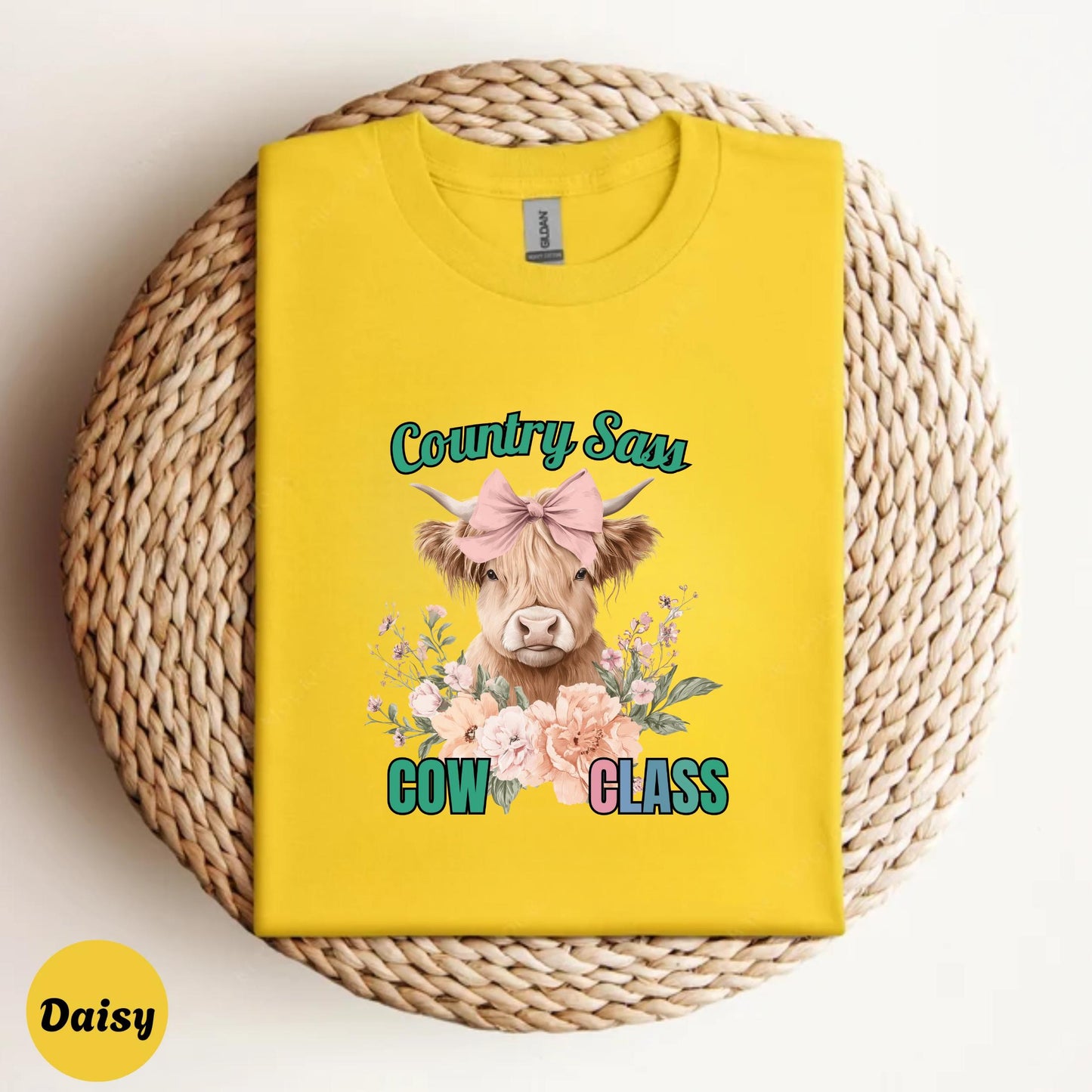 Funny Cow Sass T-Shirt โ Country Girl COW CLASS Graphic Tee, Highland Cow with Flowers, Cute Southern Farm Life Shirt AA84