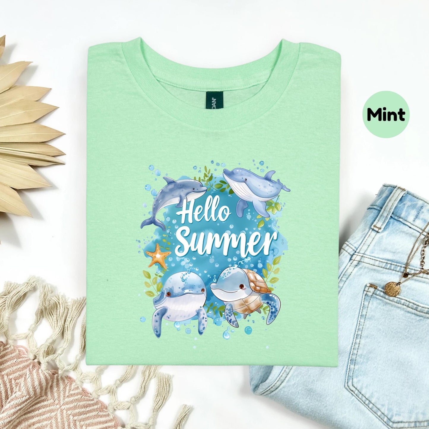 Hello Summer Ocean Tee - Eco Friendly Sea Life Shirt with Dolphins, Whales, Starfish, Women’s Casual Coastal Top AA95