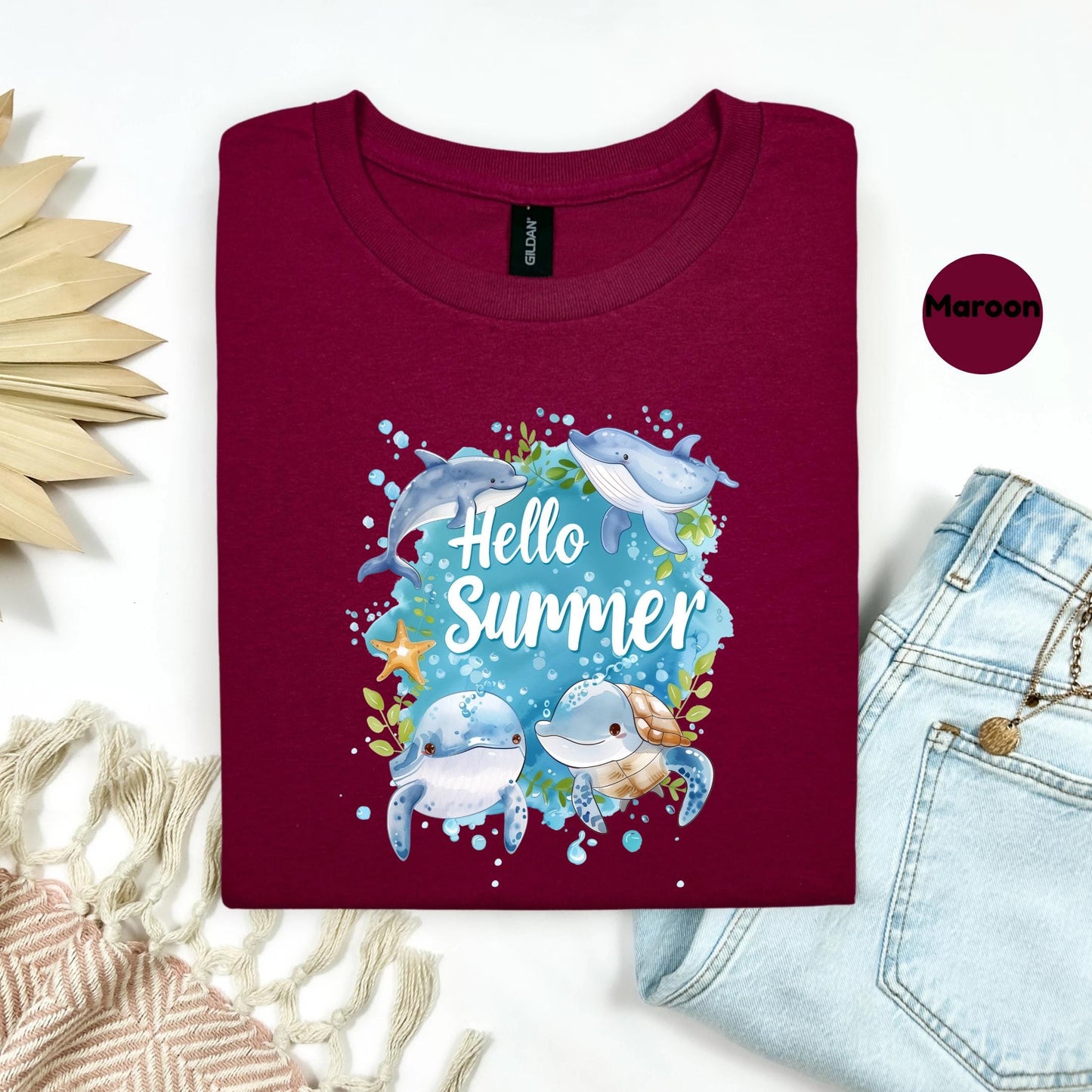 Hello Summer Ocean Tee - Eco Friendly Sea Life Shirt with Dolphins, Whales, Starfish, Women’s Casual Coastal Top AA95