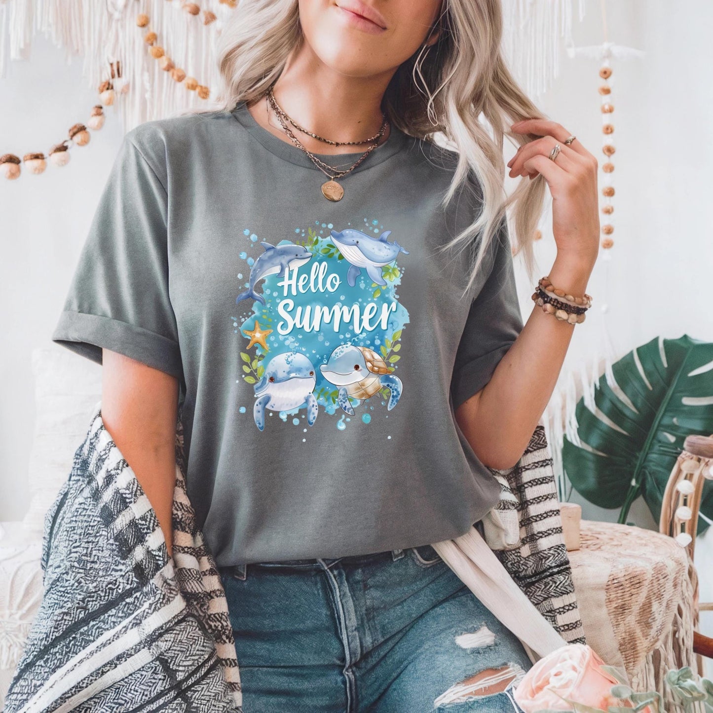 Hello Summer Ocean Tee - Eco Friendly Sea Life Shirt with Dolphins, Whales, Starfish, Women’s Casual Coastal Top AA95